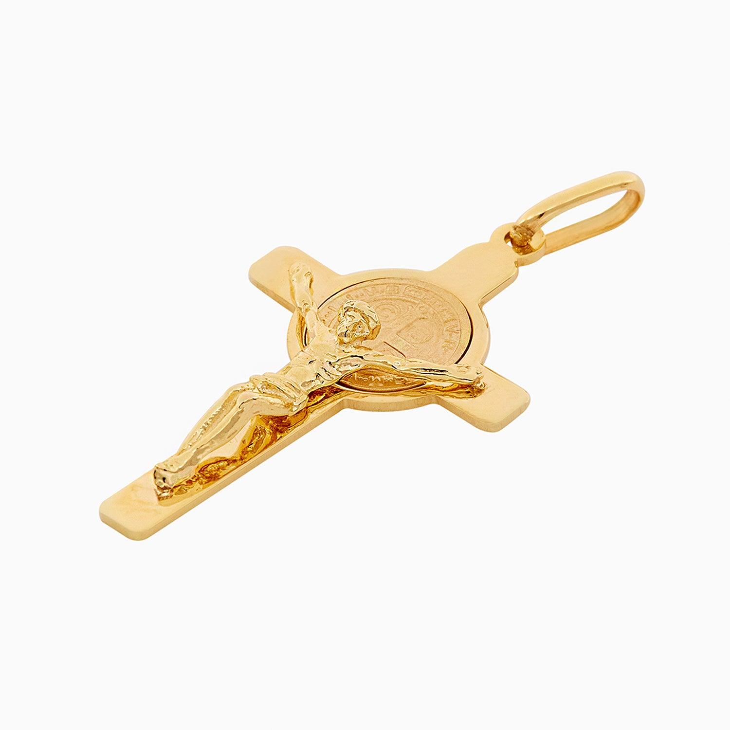 Dije Cruz con Cristo & Moneda San Benito Oro 14k + Estuche