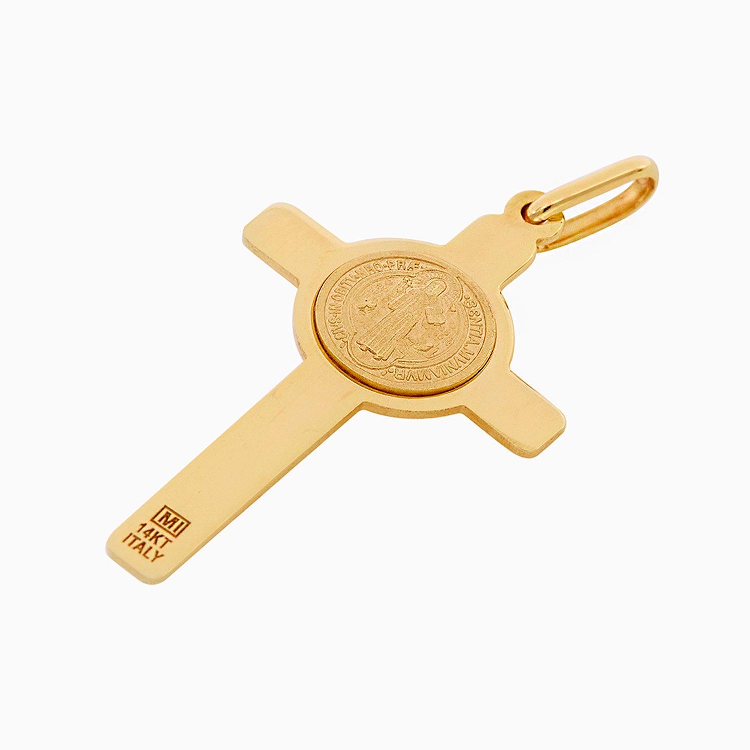 Dije Cruz con Cristo & Moneda San Benito Oro 14k + Estuche | cruz de oro | Maestros Joyeros
