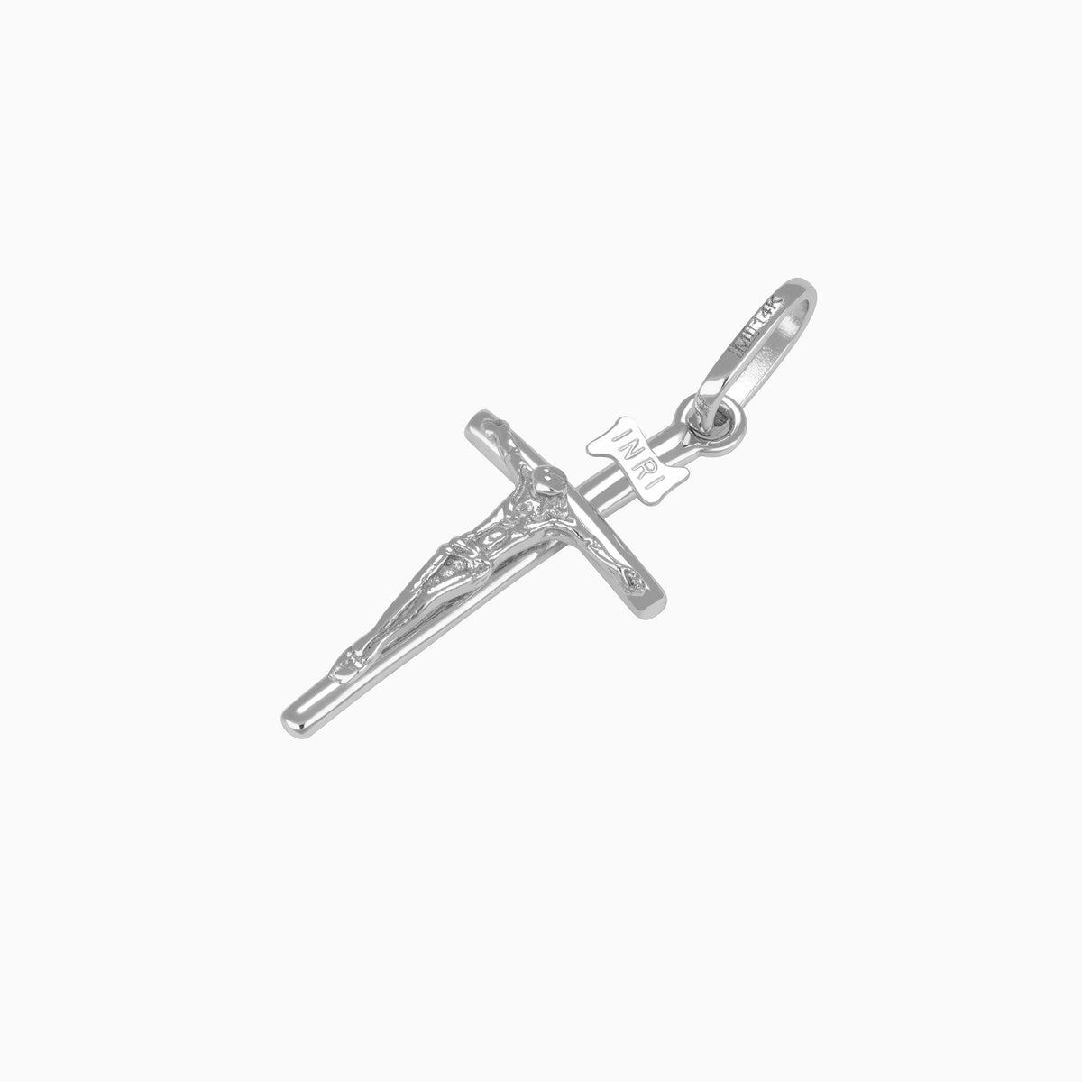 Dije Cruz con Cristo Oro Blanco 14k + Estuche
