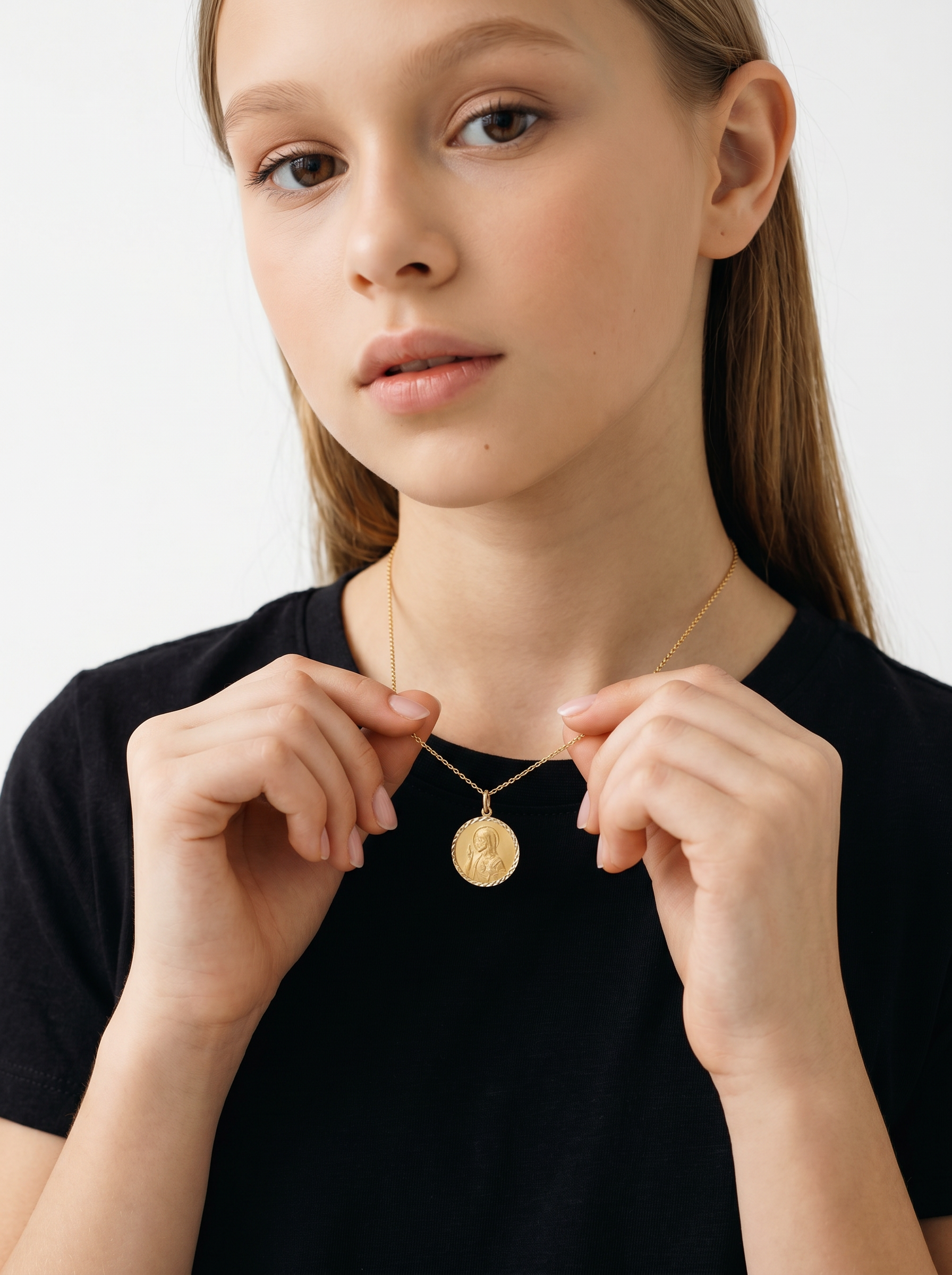 2-sided Guadalupe and Sacred Heart Medal, 14k Gold
