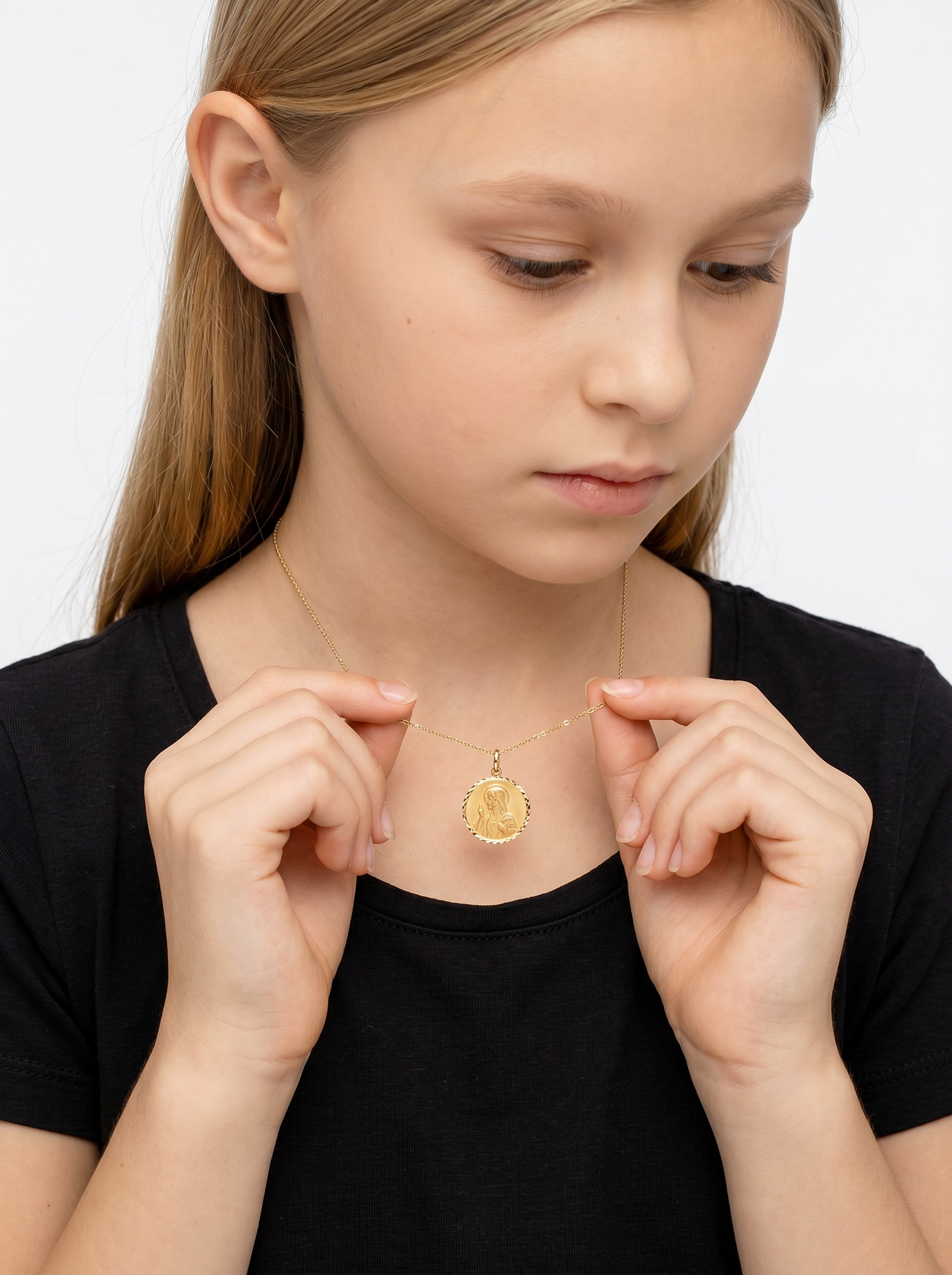 2-sided Guadalupe and Sacred Heart Medal, 14k Gold