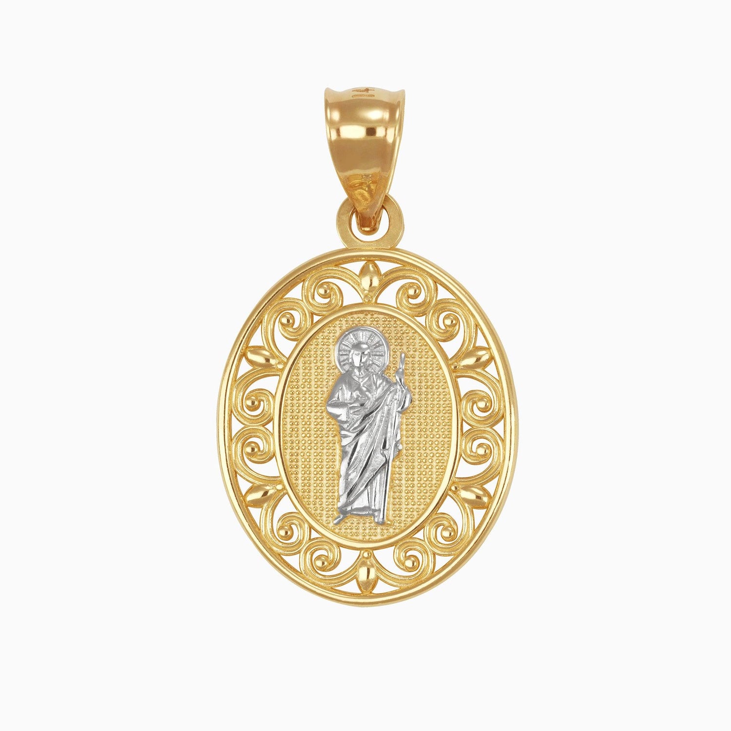 Dije Medalla San Judas Oro Amarillo & Blanco 14k + Estuche