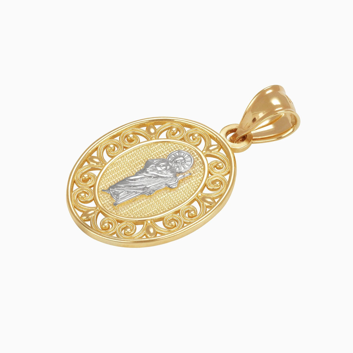 Dije Medalla San Judas Oro Amarillo & Blanco 14k + Estuche