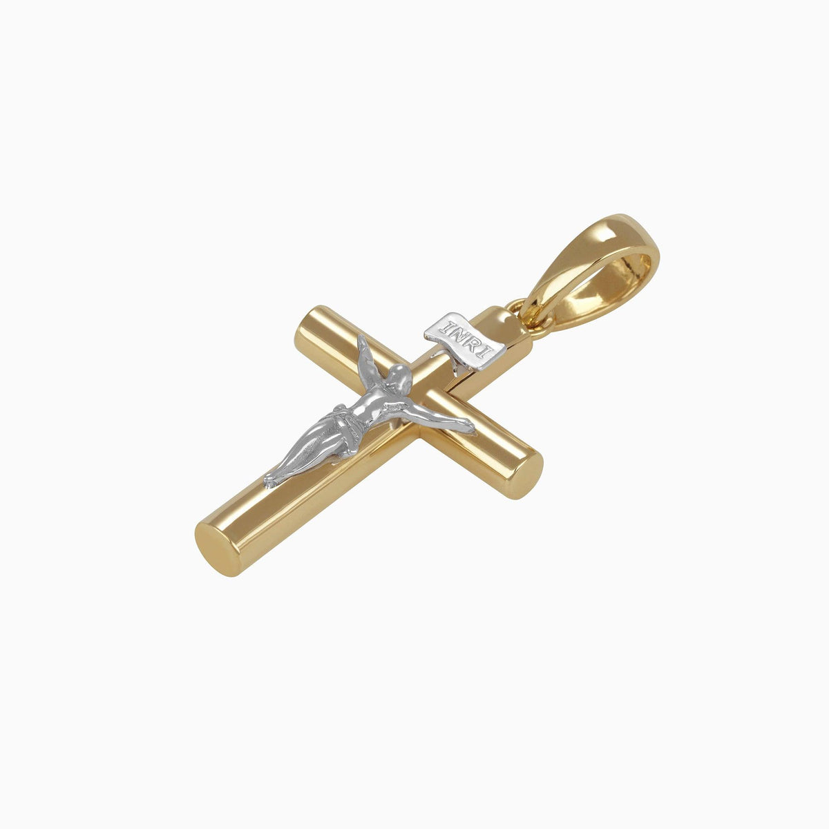 Dije Cruz Tubular con Cristo Oro Amarillo & Blanco 14k + Estuche