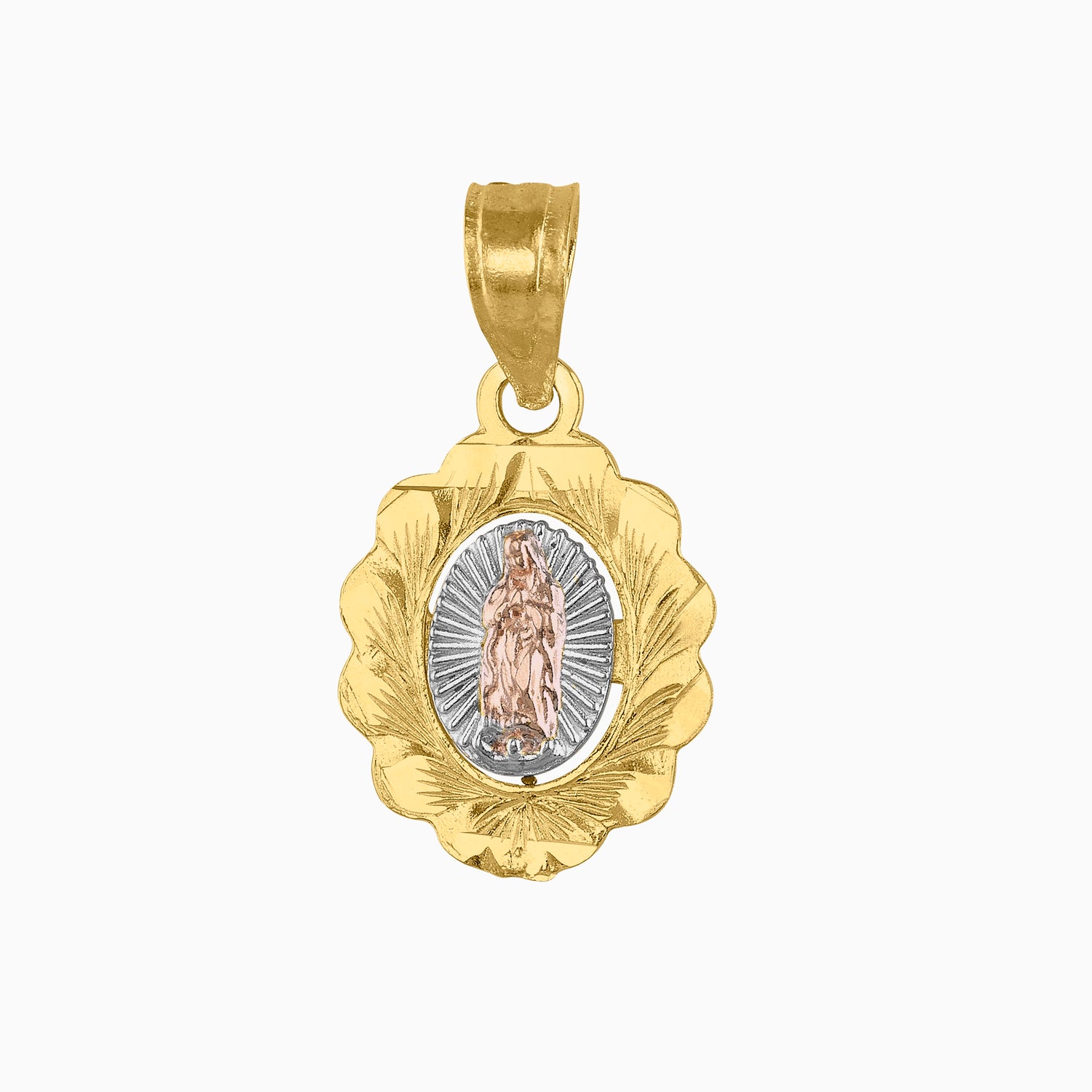 Dije Medalla Virgen con Pétalos 3 Oros Amarillo, Blanco & Rosa 14k