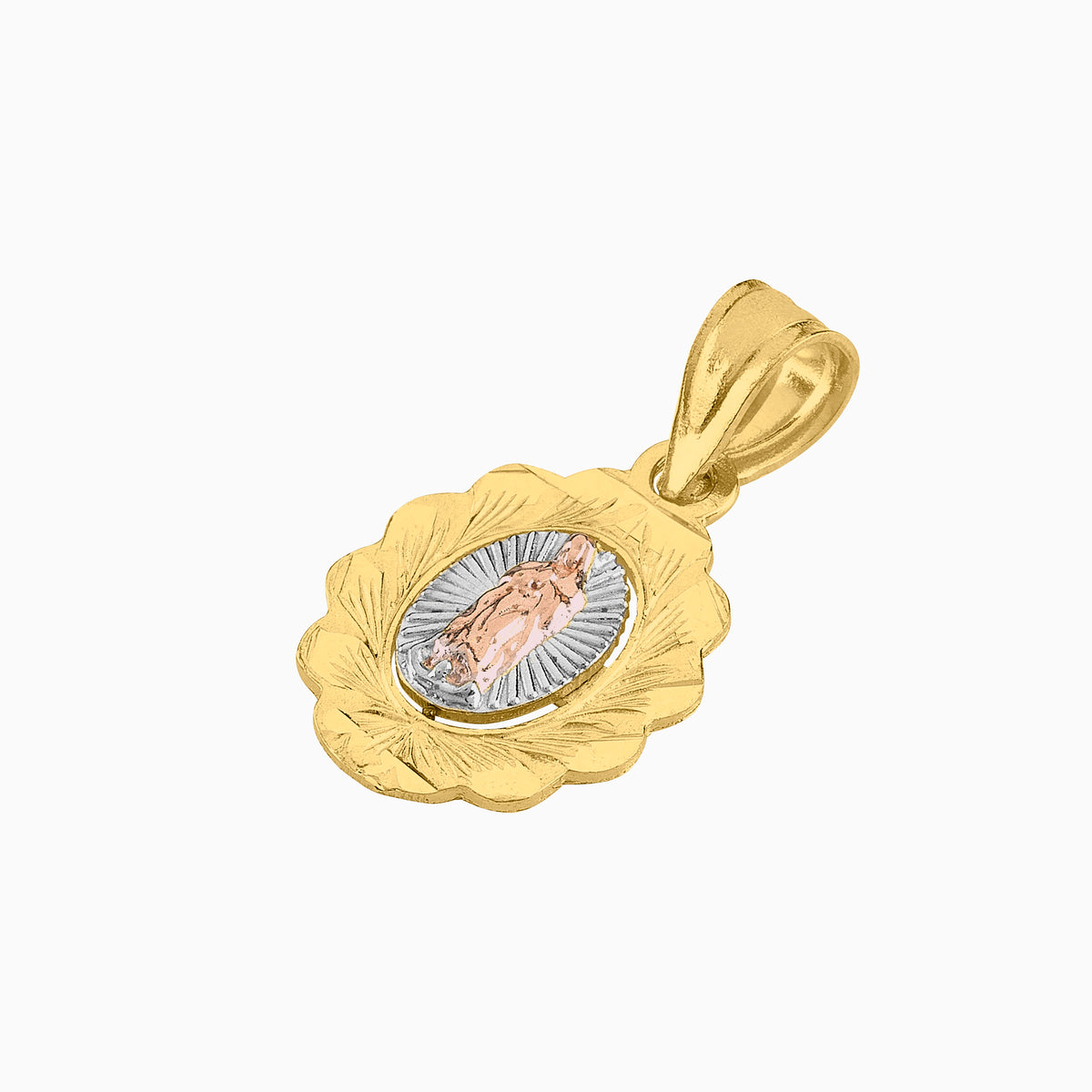 Dije Medalla Virgen con Pétalos 3 Oros Amarillo, Blanco & Rosa 14k
