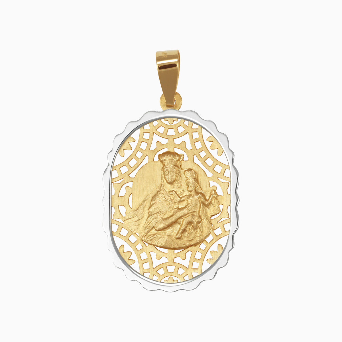 Dije Medalla Virgen con Santo Niño Oro Amarillo & Blanco 14k