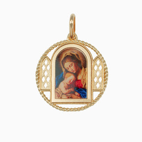 Dije Medalla Virgen con Santo Niño Oro Amarillo 14k