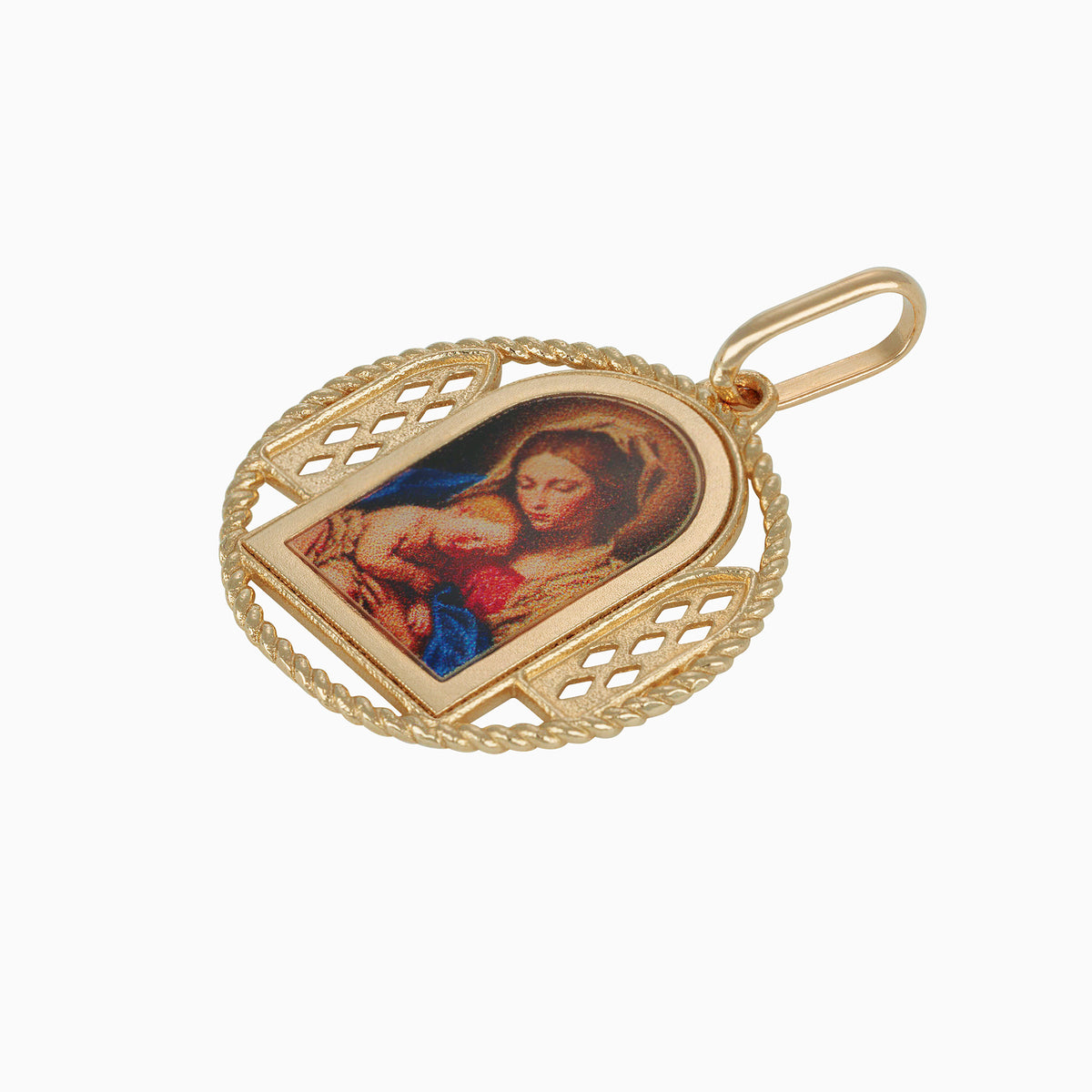 Dije Medalla Virgen con Santo Niño Oro Amarillo 14k