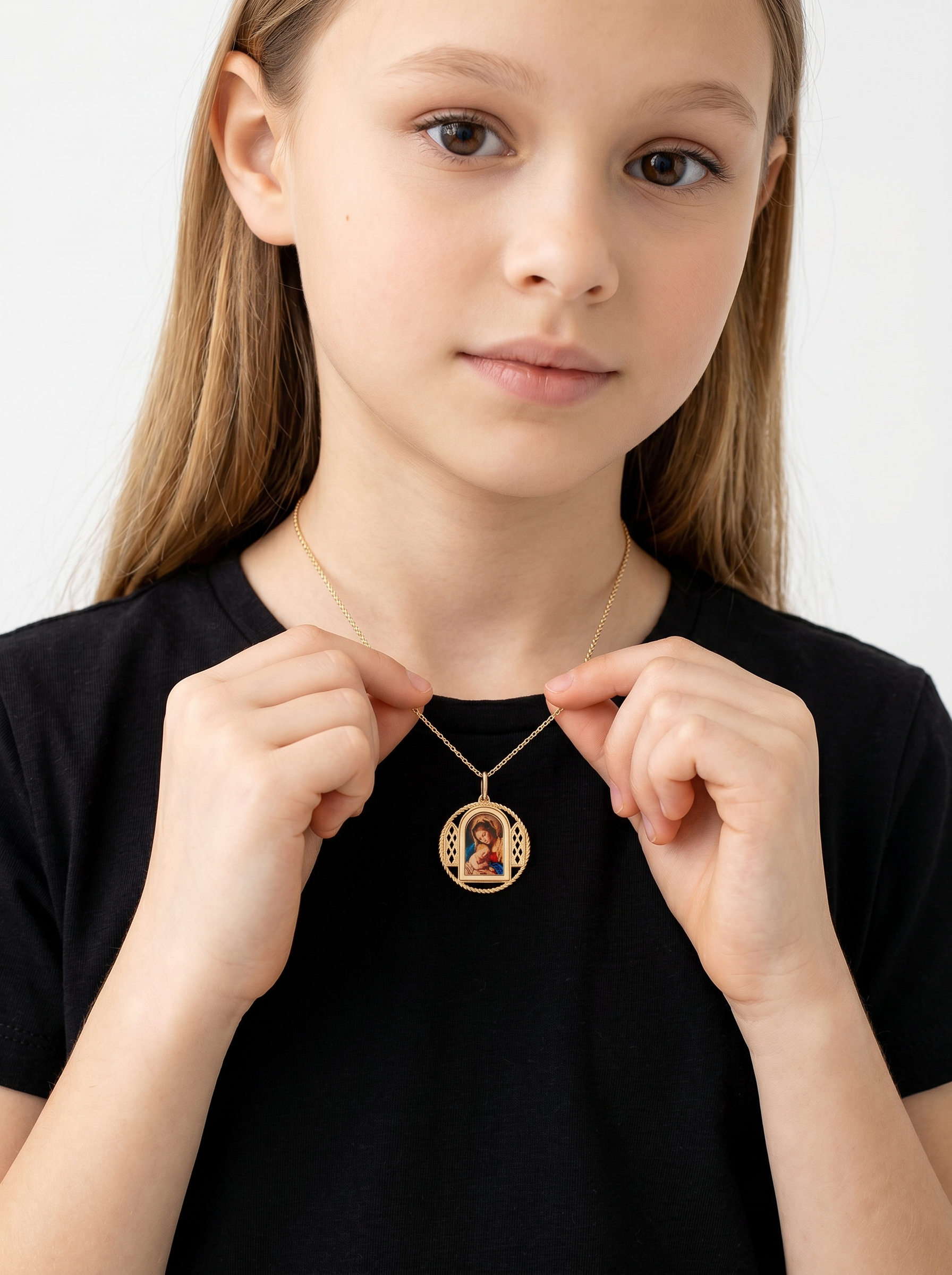 Virgin Medal with Holy Child Pendant in 14k Yellow Gold