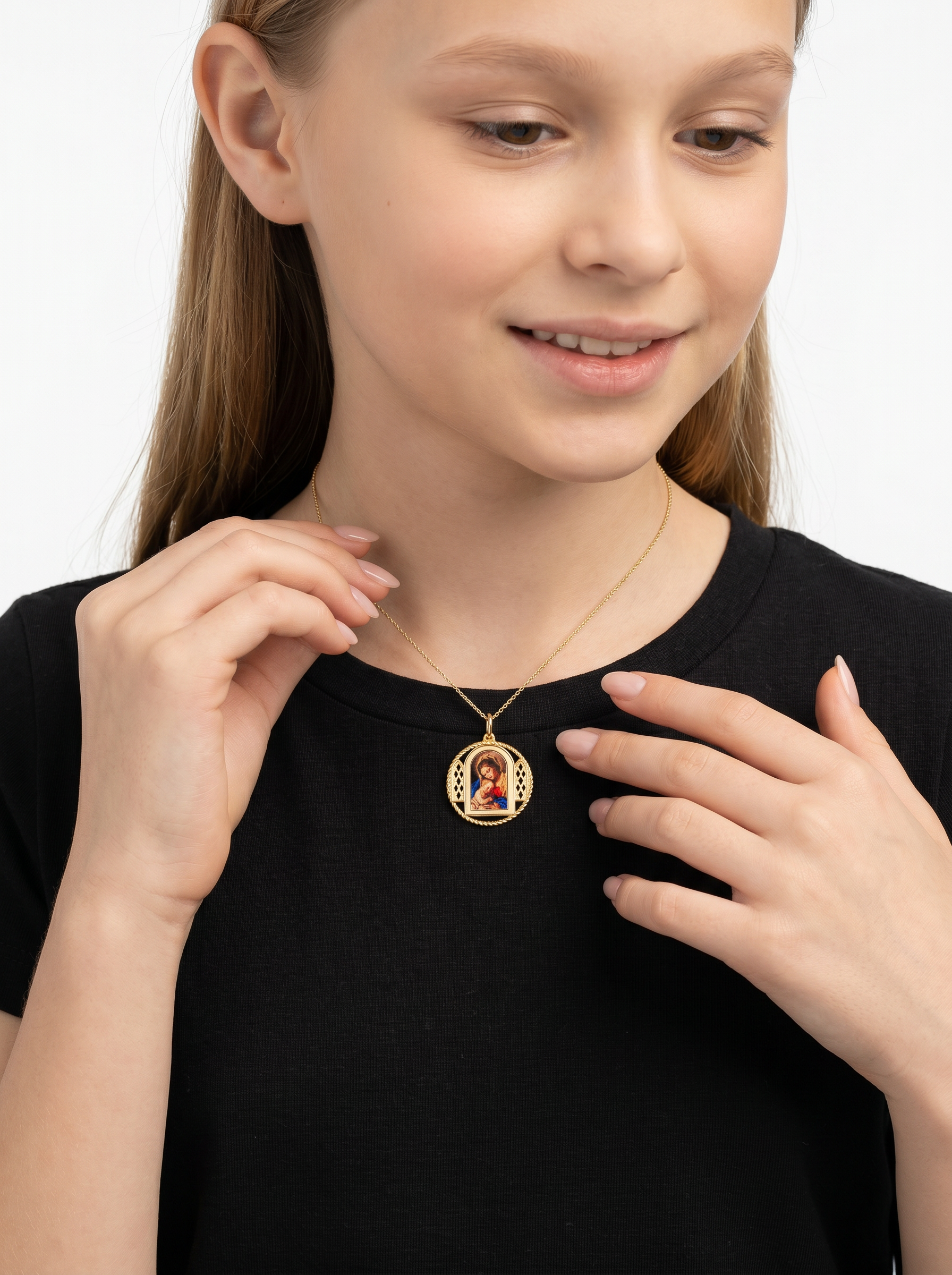 Virgin Medal with Holy Child Pendant in 14k Yellow Gold