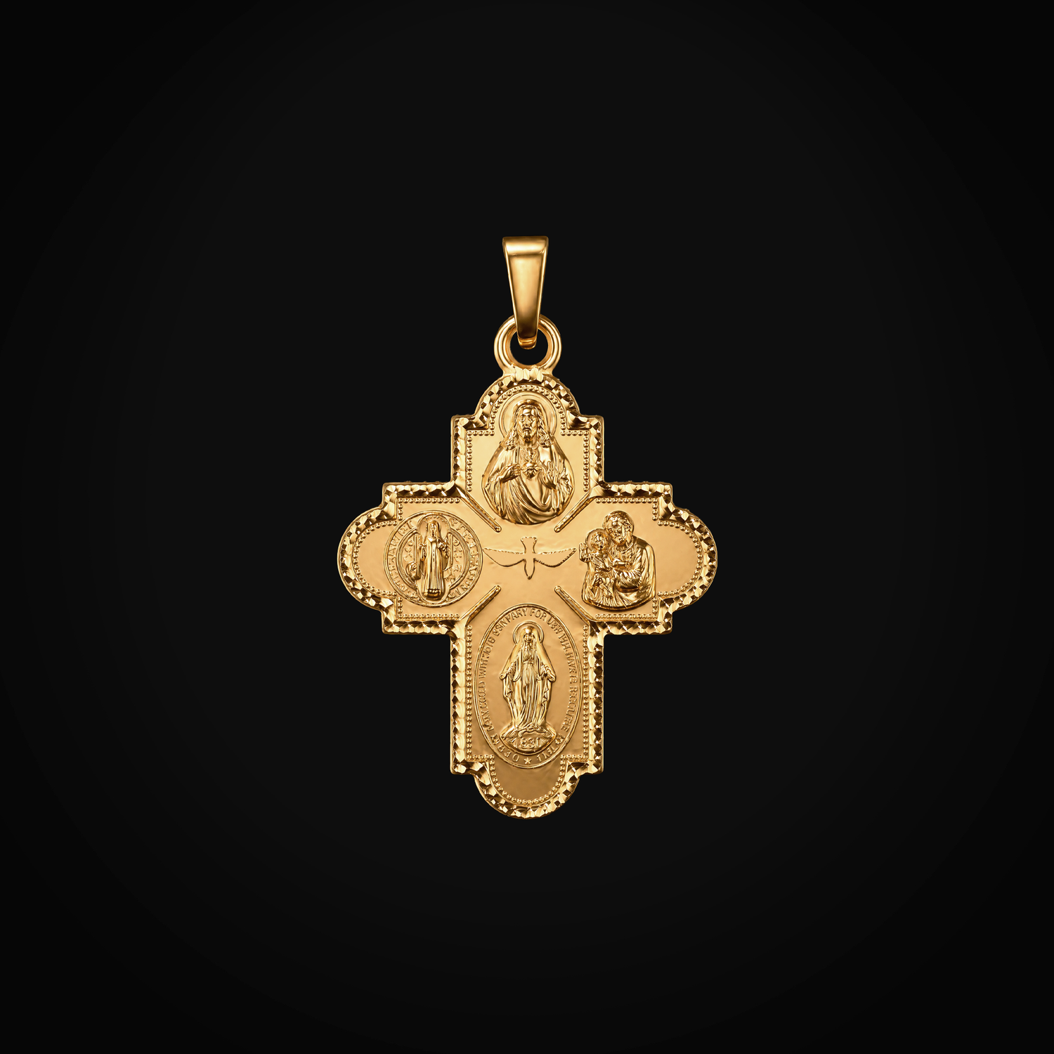 Dije 14k Cruz 5 Divinas Figuras Oro Amarillo + Estuche