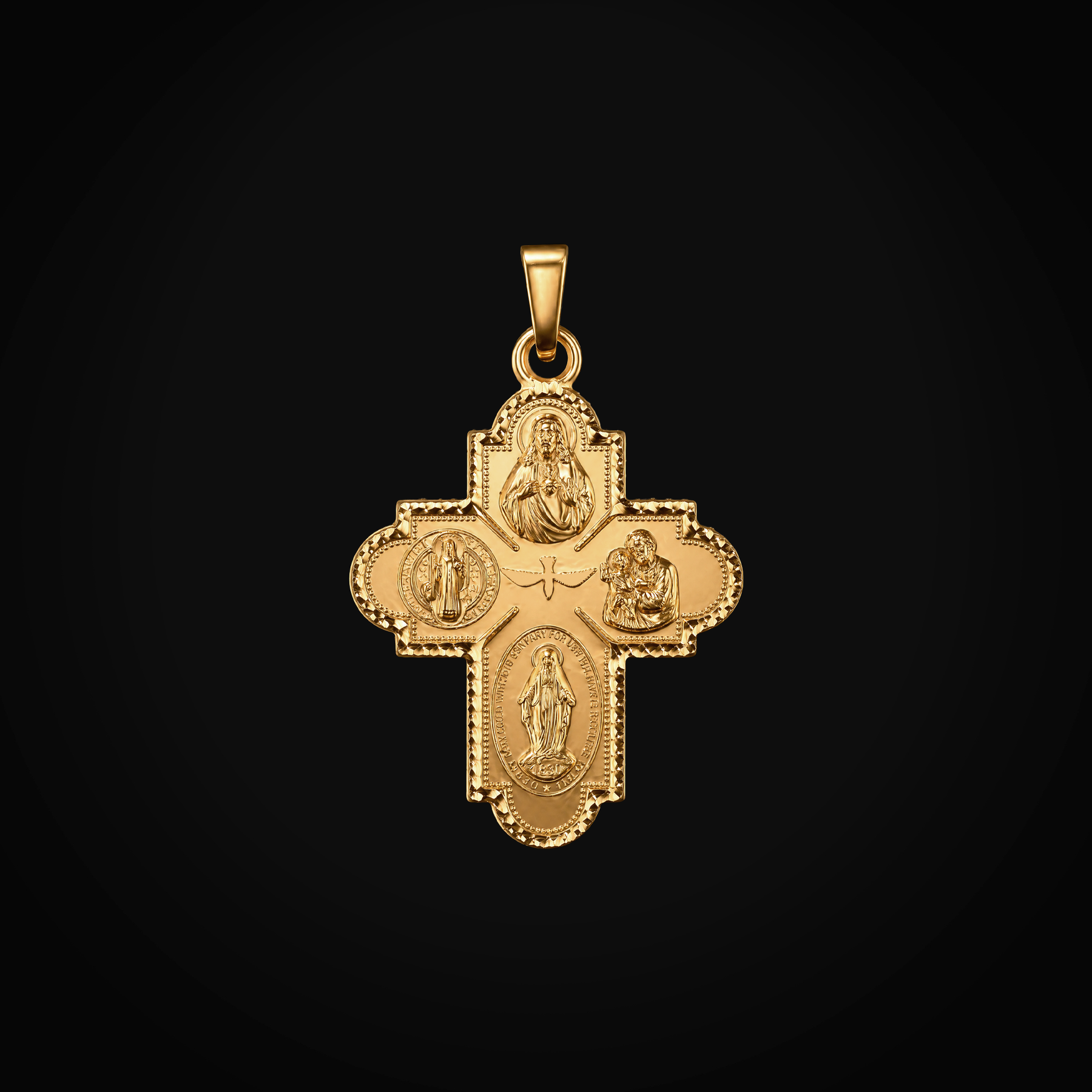 Dije 14k Cruz 5 Divinas Figuras Oro Amarillo + Estuche