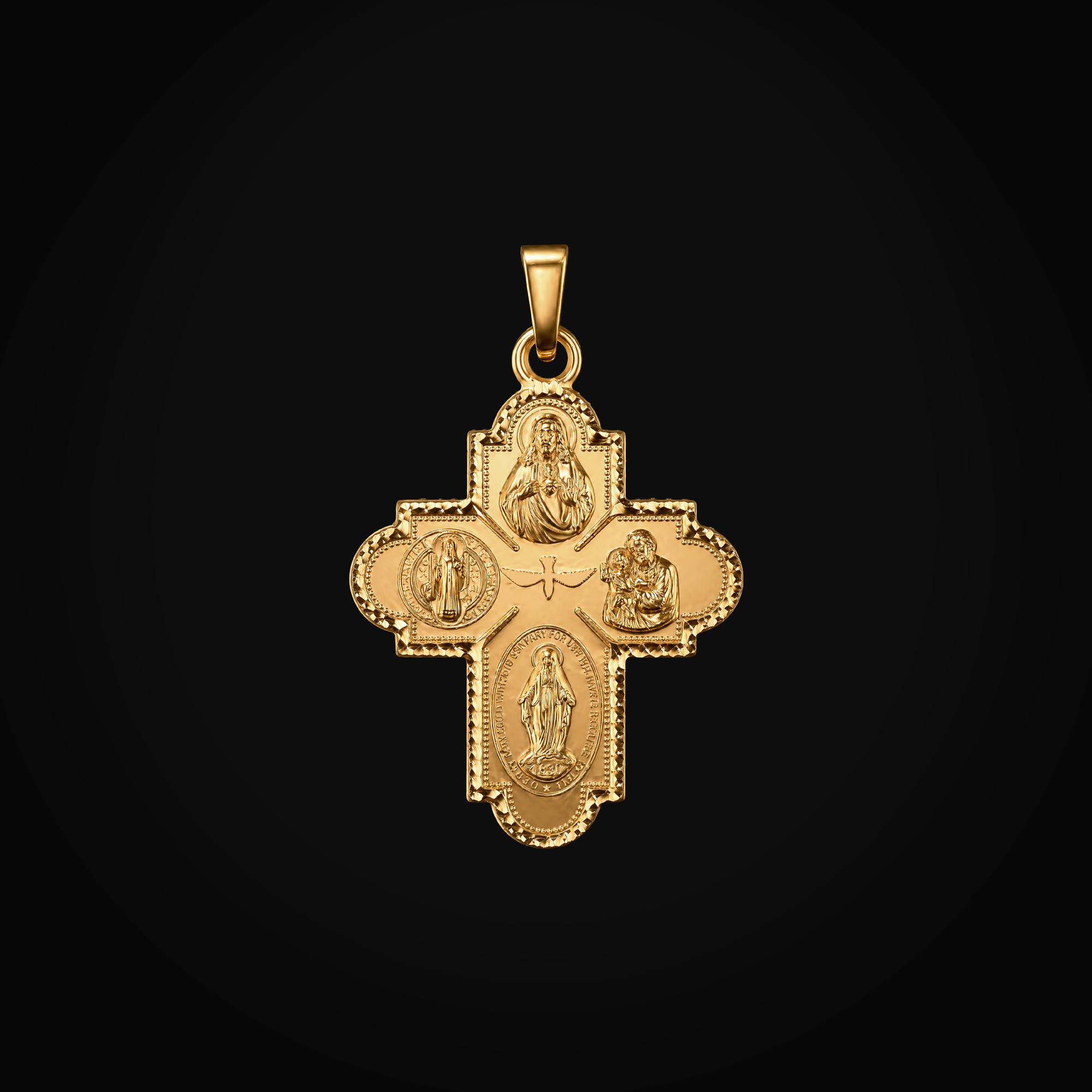 Dije 14k Cruz 5 Divinas Figuras Oro Amarillo + Estuche