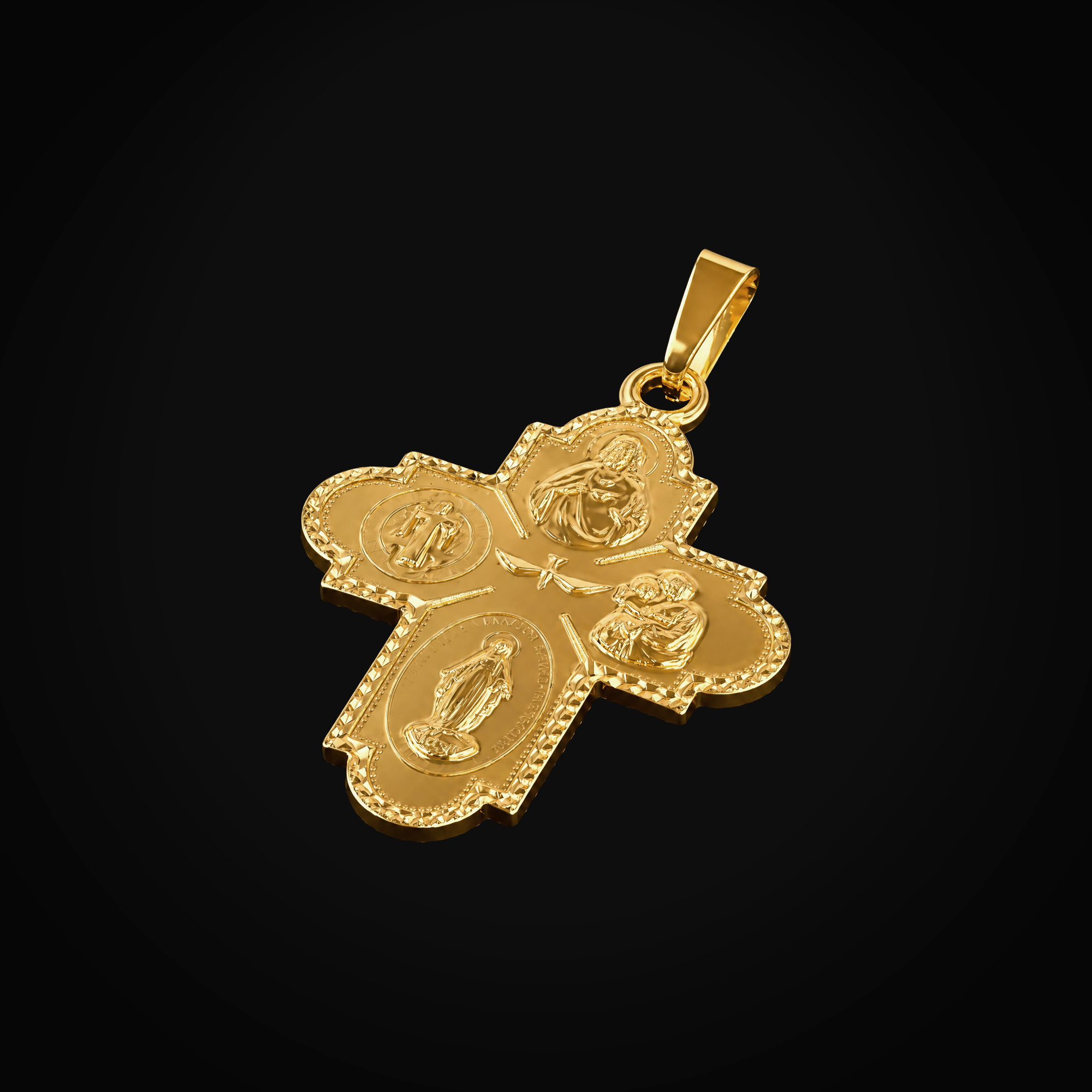 Dije 14k Cruz 5 Divinas Figuras Oro Amarillo + Estuche