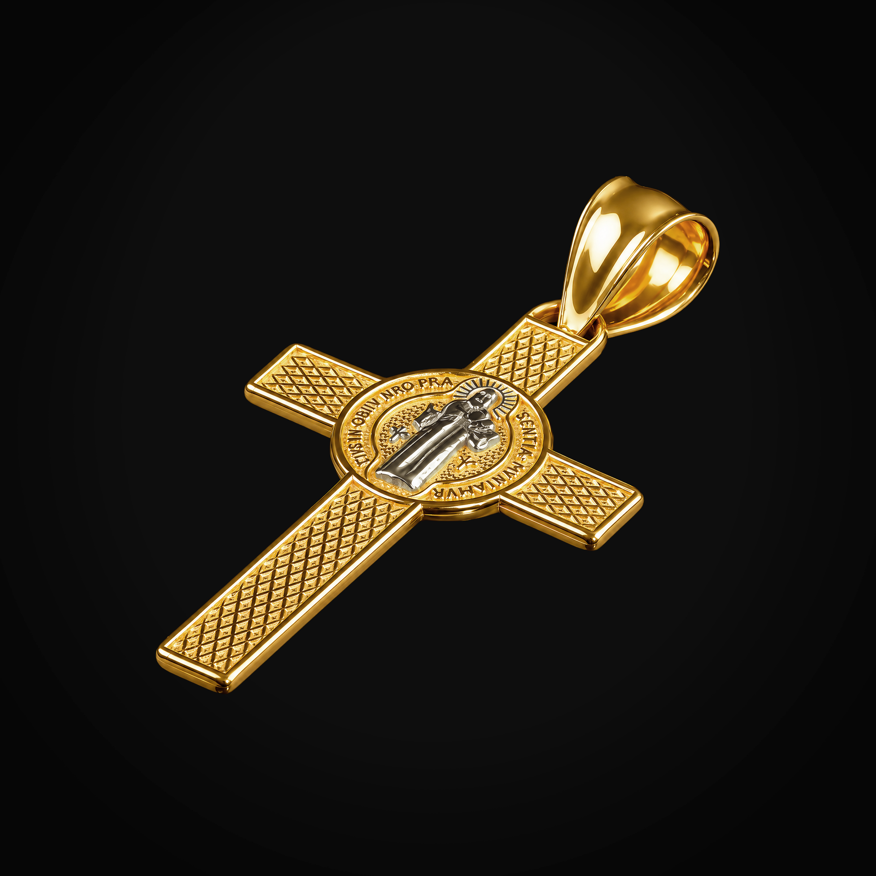 Dije 14k Cruz Con Medalla De San Benito Oro Amarillo + Estuche