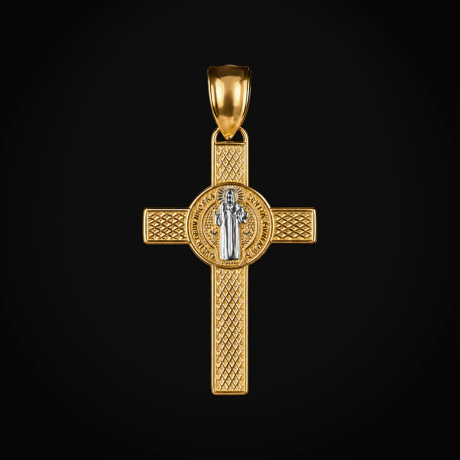 Dije 14k Cruz Con Medalla De San Benito Oro Amarillo + Estuche