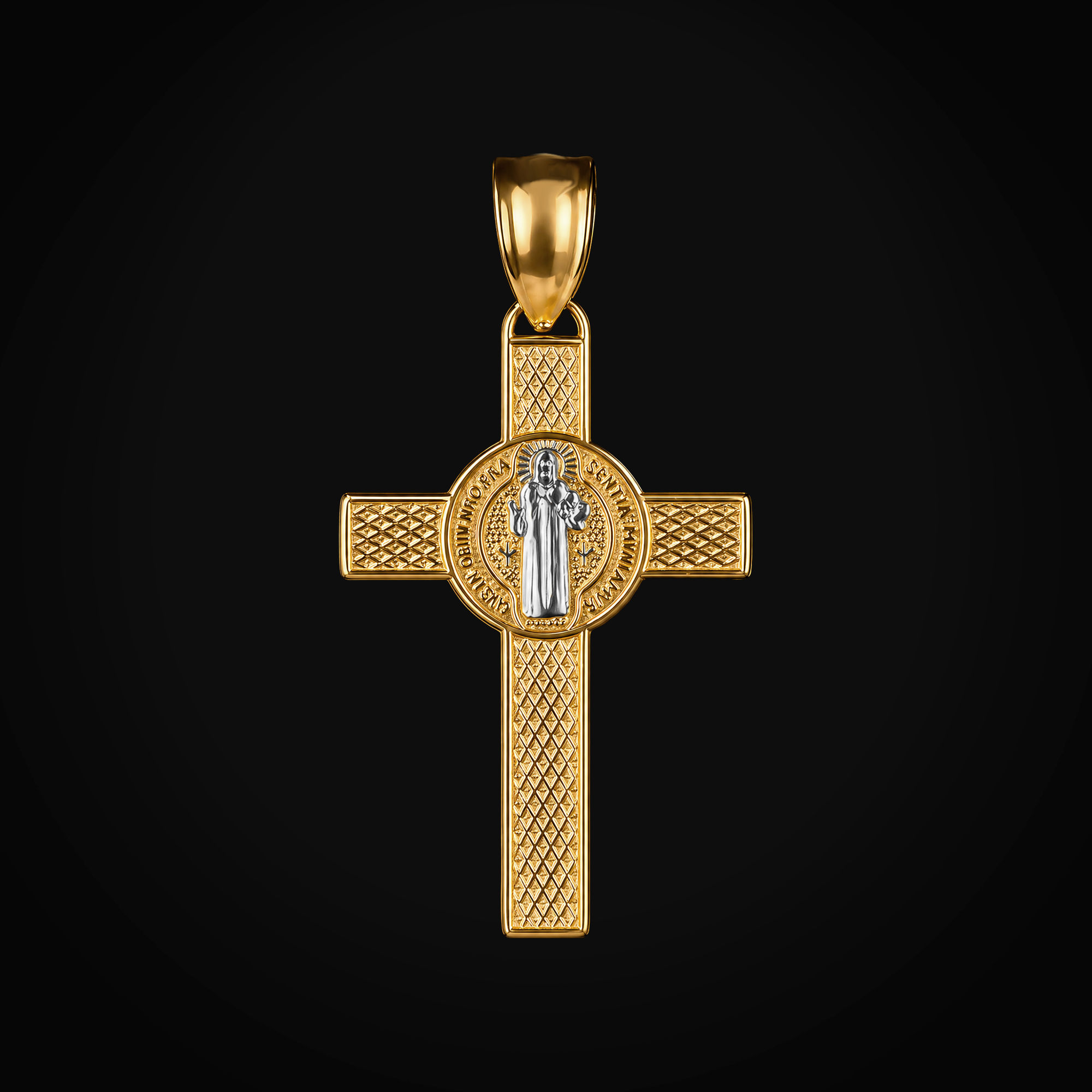 Dije 14k Cruz Con Medalla De San Benito Oro Amarillo + Estuche