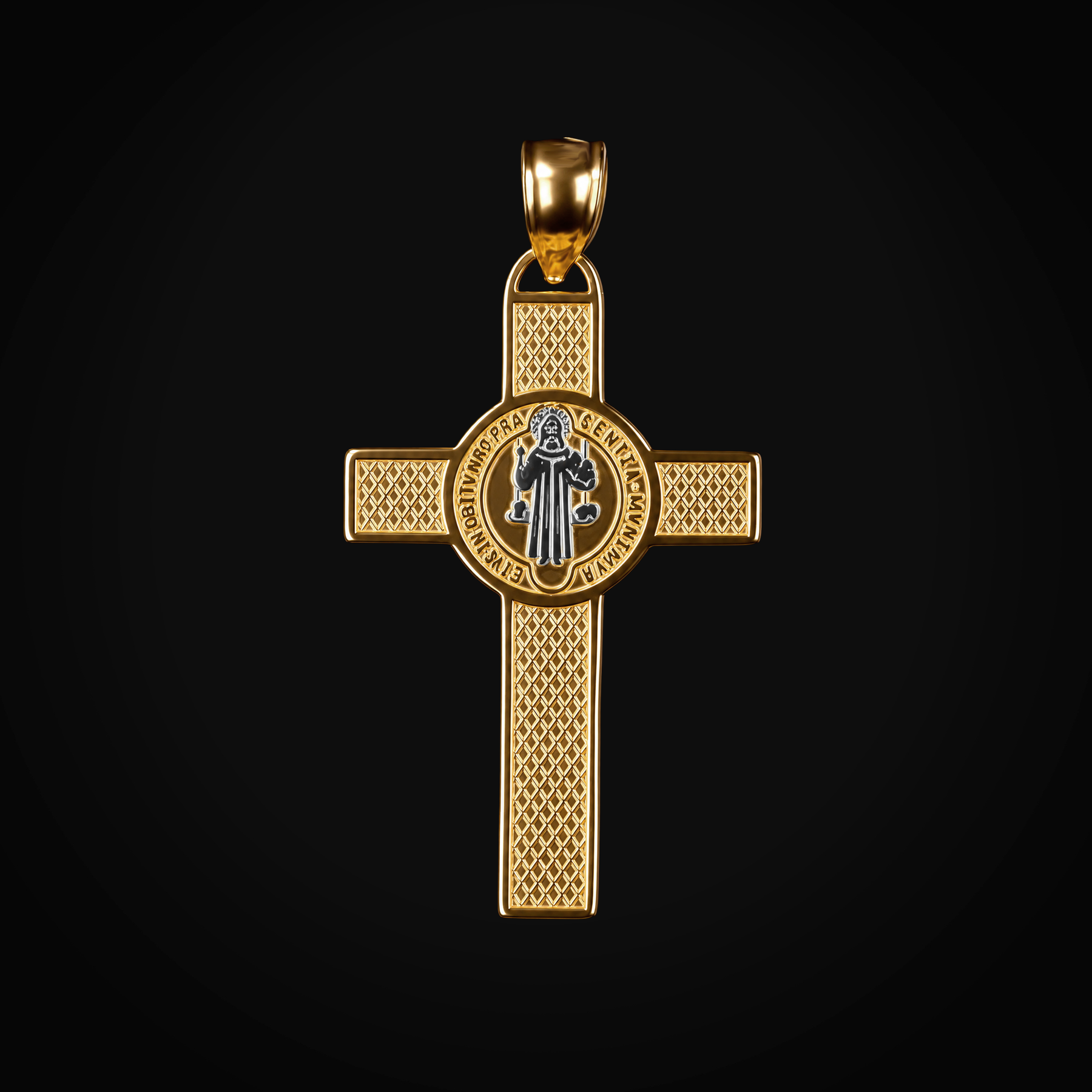Dije 14k Cruz Con Medalla San Benito Oro Amarillo Con Blanco + Estuche