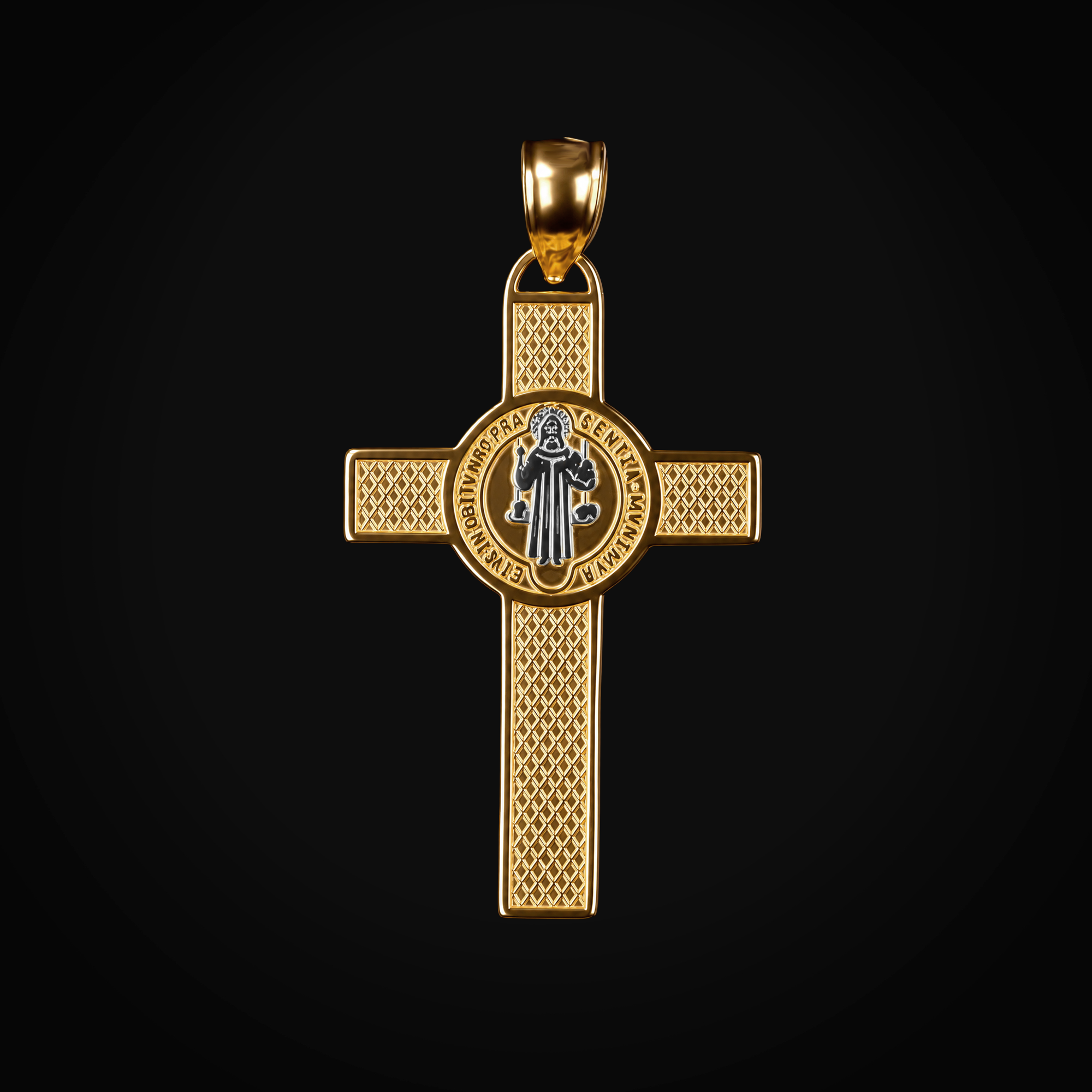 Dije 14k Cruz Con Medalla San Benito Oro Amarillo Con Blanco + Estuche