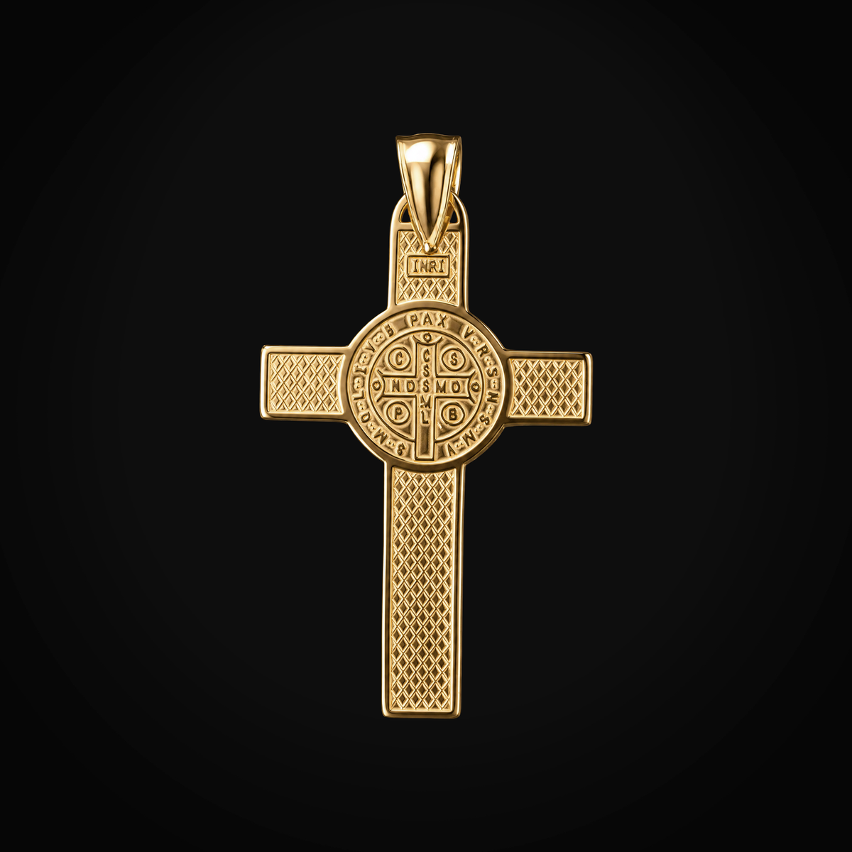 Dije 14k Cruz Con Medalla San Benito Oro Amarillo Con Blanco + Estuche