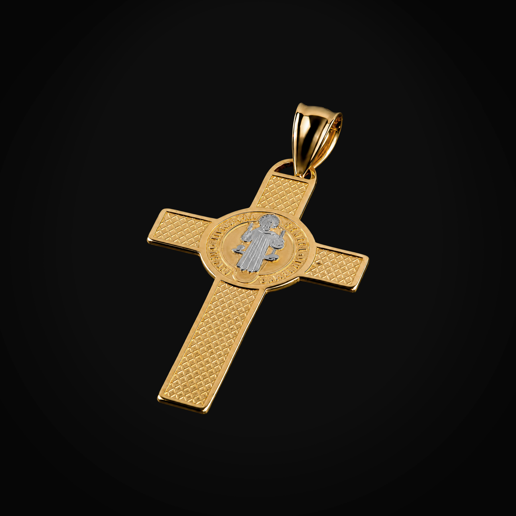 Dije 14k Cruz Con Medalla San Benito Oro Amarillo Con Blanco + Estuche