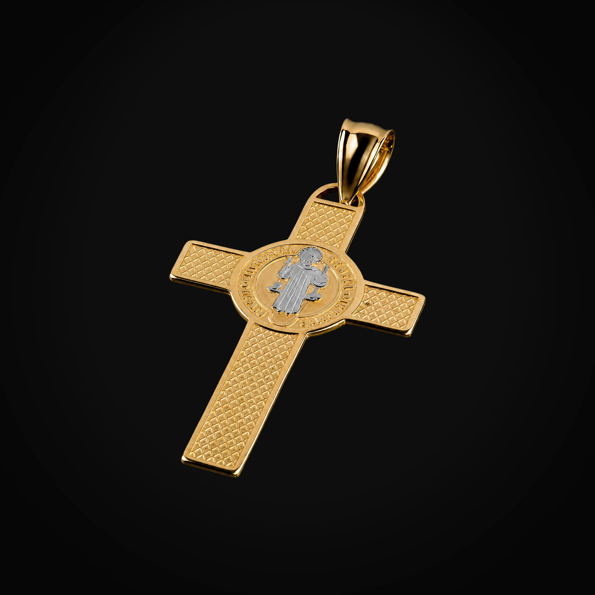 Dije 14k Cruz Con Medalla San Benito Oro Amarillo Con Blanco + Estuche
