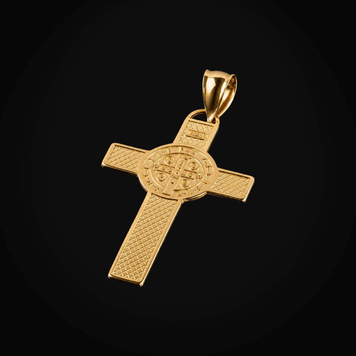 Dije 14k Cruz Con Medalla San Benito Oro Amarillo Con Blanco + Estuche