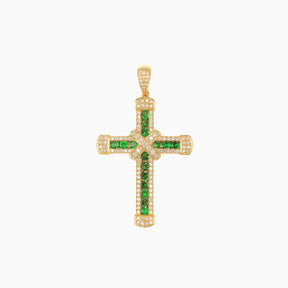 Dije Cruz X Central Oro Amarillo 14k con Diamantes Naturales & Piedras Preciosas Color Verde