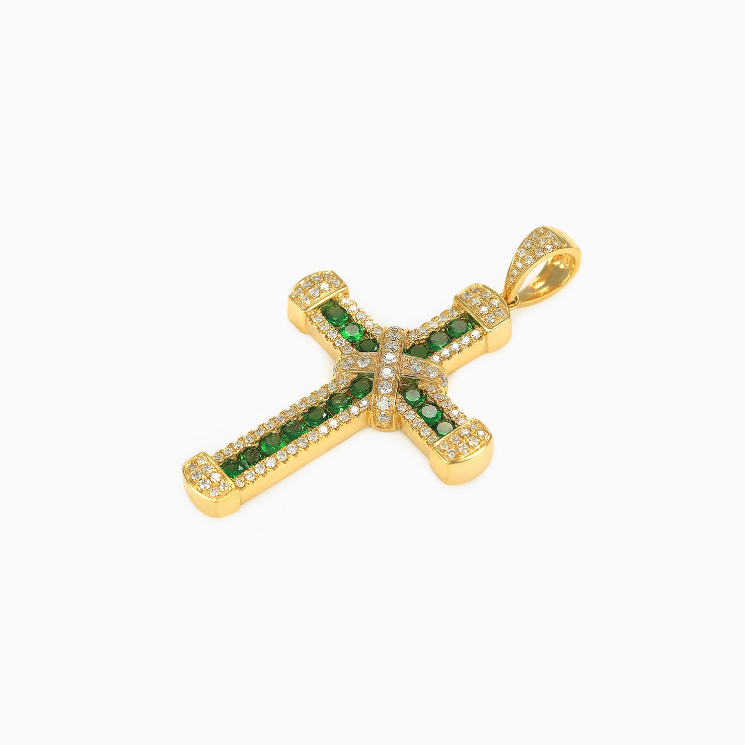 Dije Cruz X Central Oro Amarillo 14k con Diamantes Naturales & Piedras Preciosas Color Verde