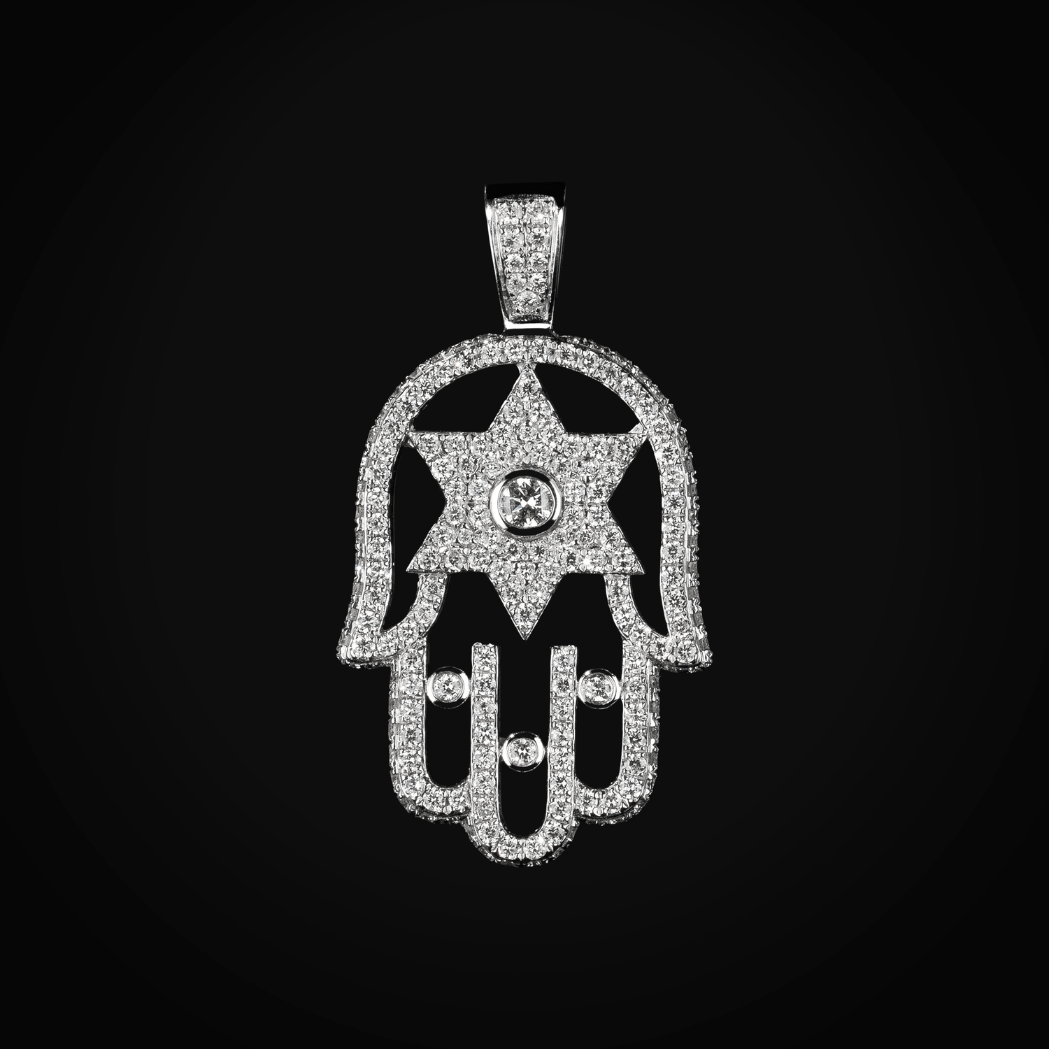 Dije Mano De Fatima Y Estrella 6 Puntas Full Ice 14k Oro Blanco con Diamantes + Estuche