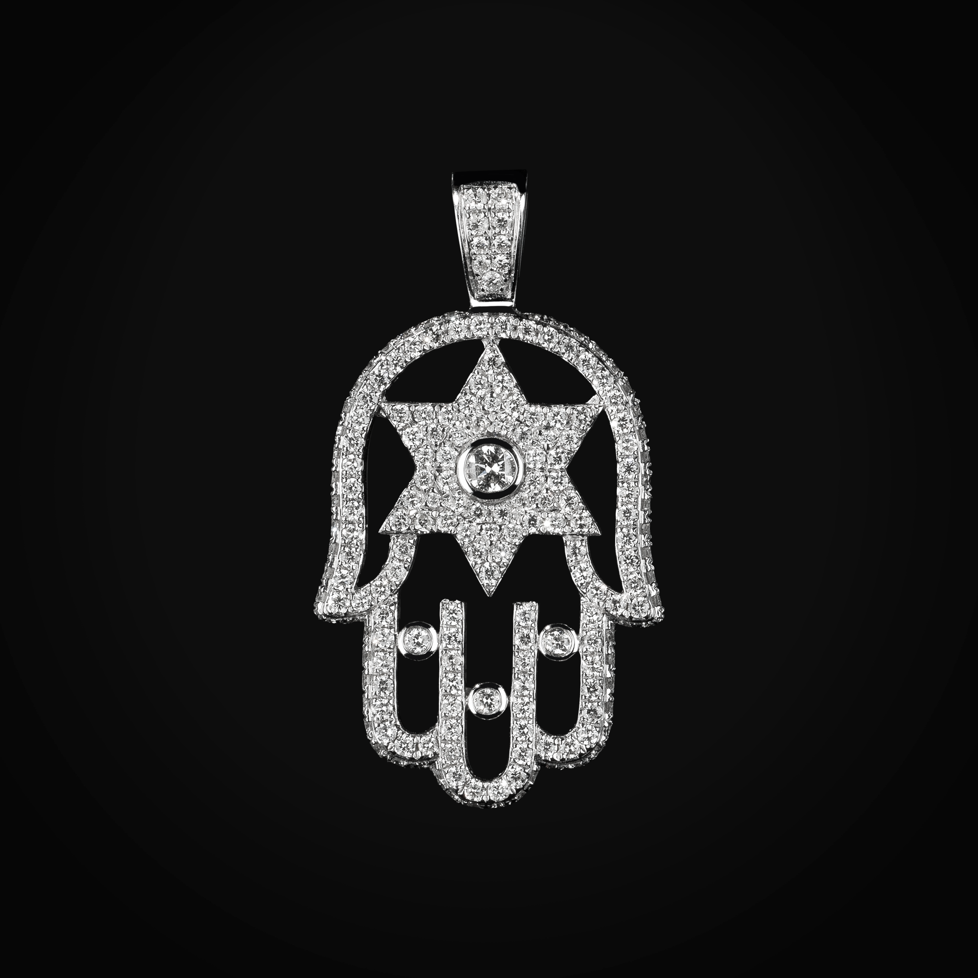 Dije Mano De Fatima Y Estrella 6 Puntas Full Ice 14k Oro Blanco con Diamantes + Estuche