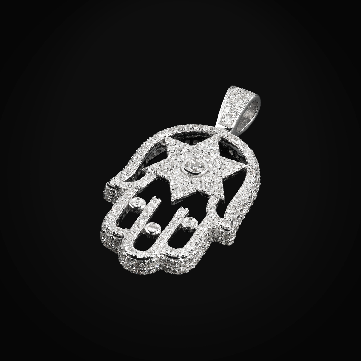 Dije Mano De Fatima Y Estrella 6 Puntas Full Ice 14k Oro Blanco con Diamantes + Estuche