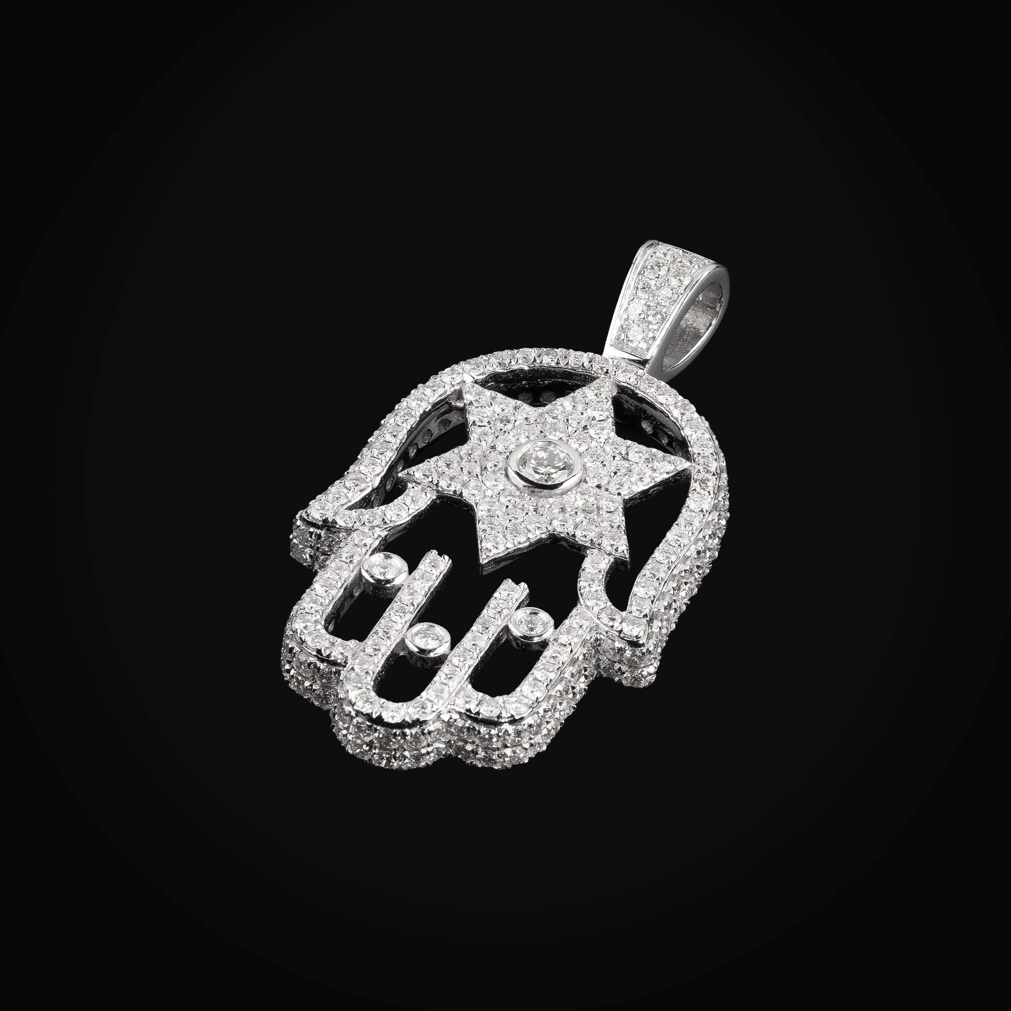 Dije Mano De Fatima Y Estrella 6 Puntas Full Ice 14k Oro Blanco con Diamantes + Estuche