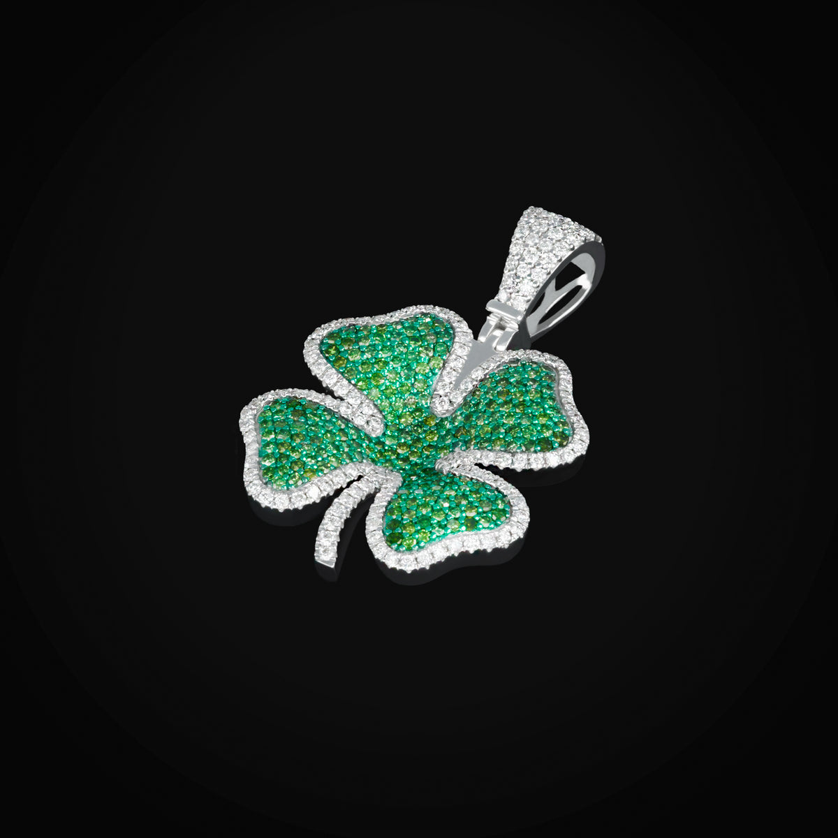 Dije Trébol Esmeraldas & Diamantes en Oro Blanco 14k + Estuche