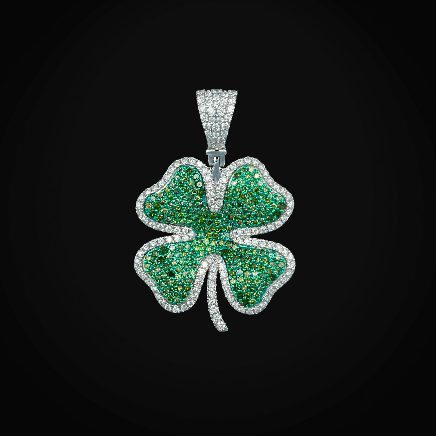 Dije Trébol Esmeraldas & Diamantes en Oro Blanco 14k + Estuche