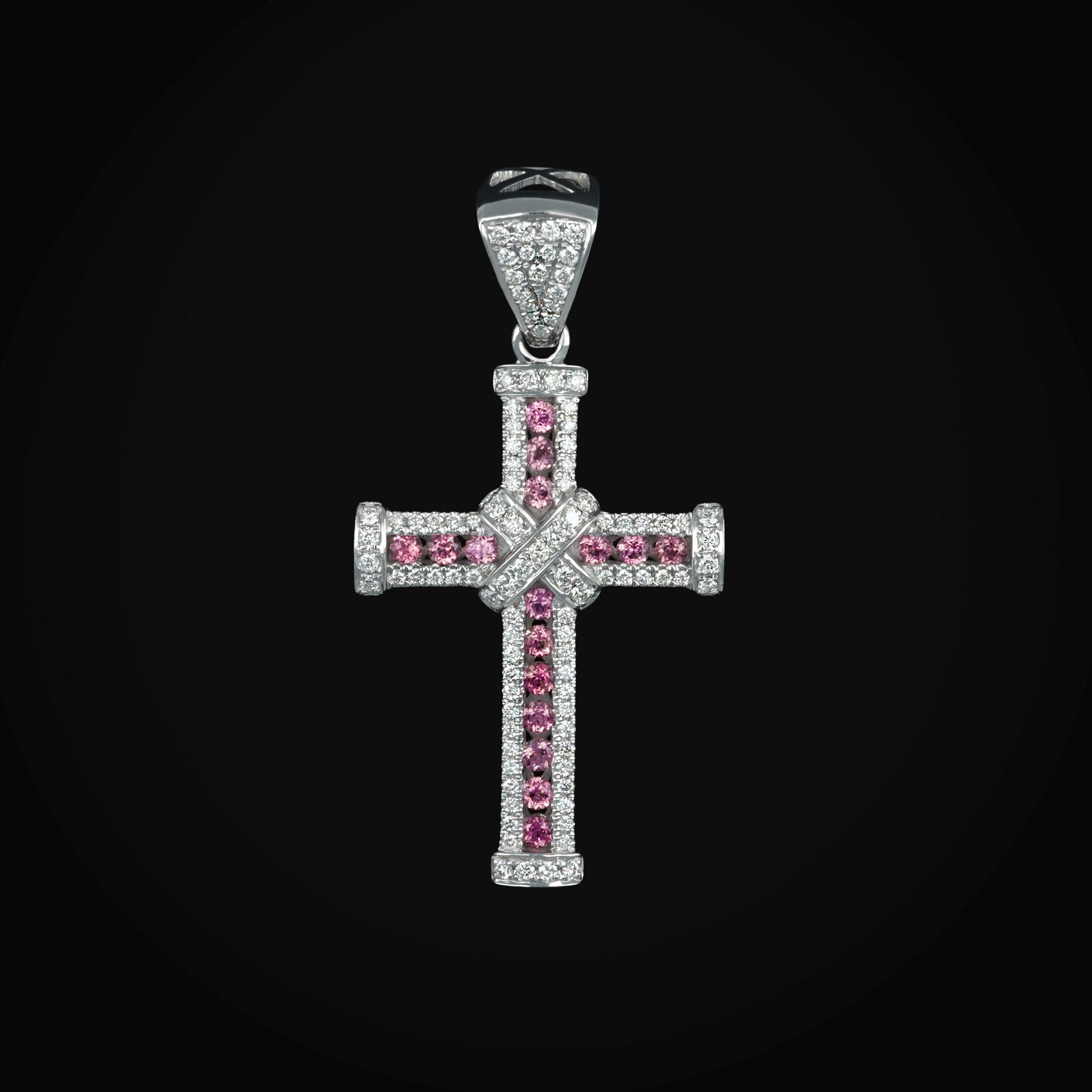 Dije Cruz con Zafiro Rosa Central & Diamantes Oro Blanco 14k + Estuche