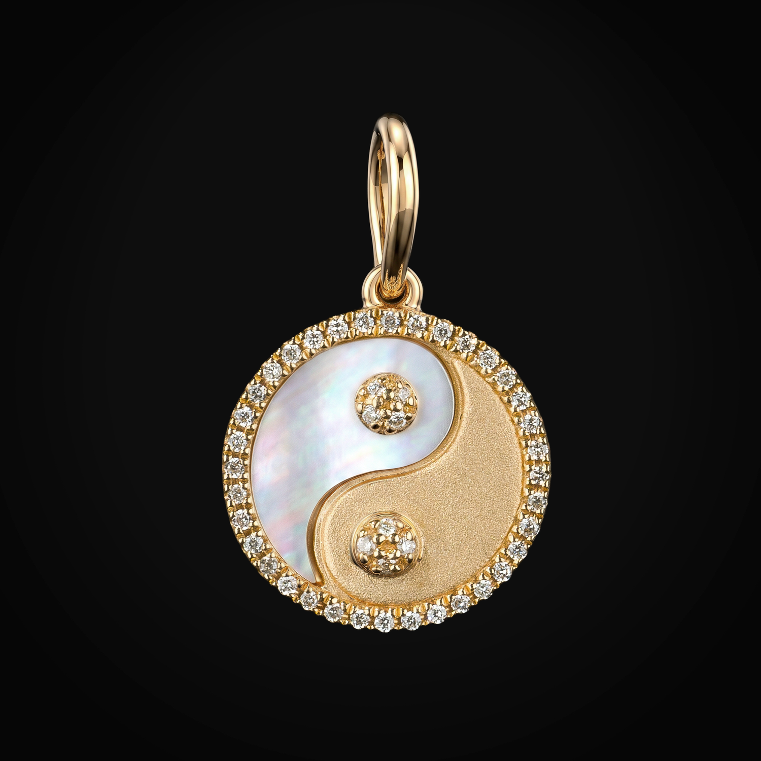 Dije 14k Símbolo "Yin Yang" Moon Stone Tallada Oro Amarillo con + Estuche