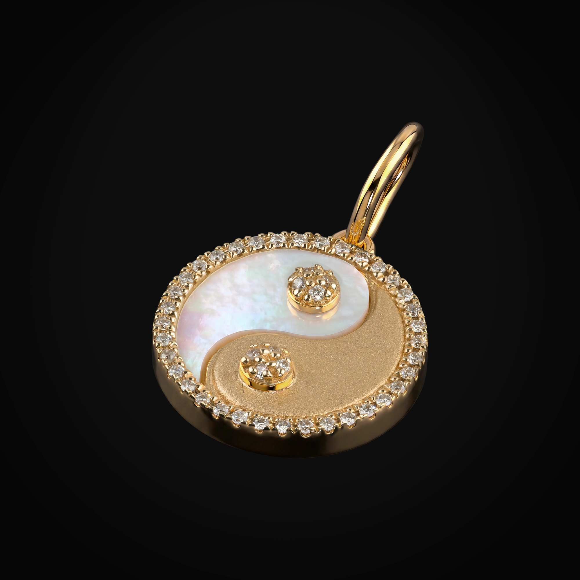 Dije 14k Símbolo "Yin Yang" Moon Stone Tallada Oro Amarillo con + Estuche