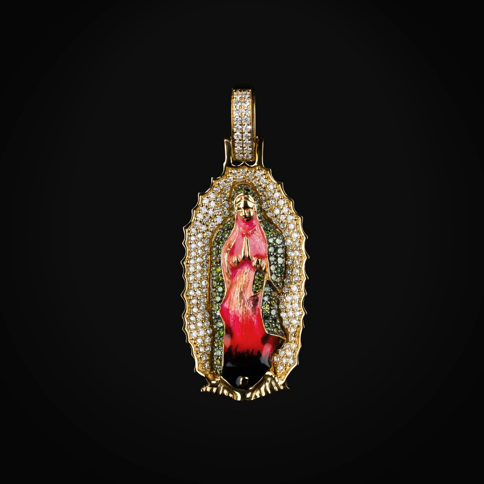 Dije 14k Virgen De Guadalupe Full Ice Bisel Liso Oro Amarillo con Diamantes De Mina Corte Brillante + Estuche