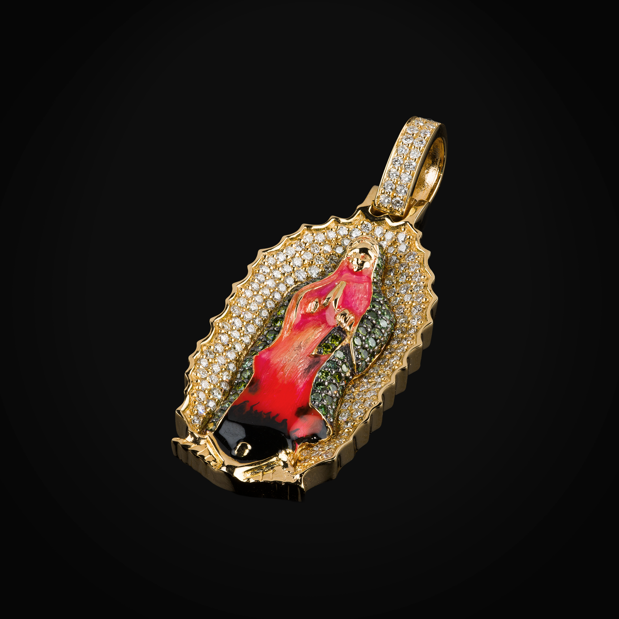 Dije 14k Virgen De Guadalupe Full Ice Bisel Liso Oro Amarillo con Diamantes De Mina Corte Brillante + Estuche