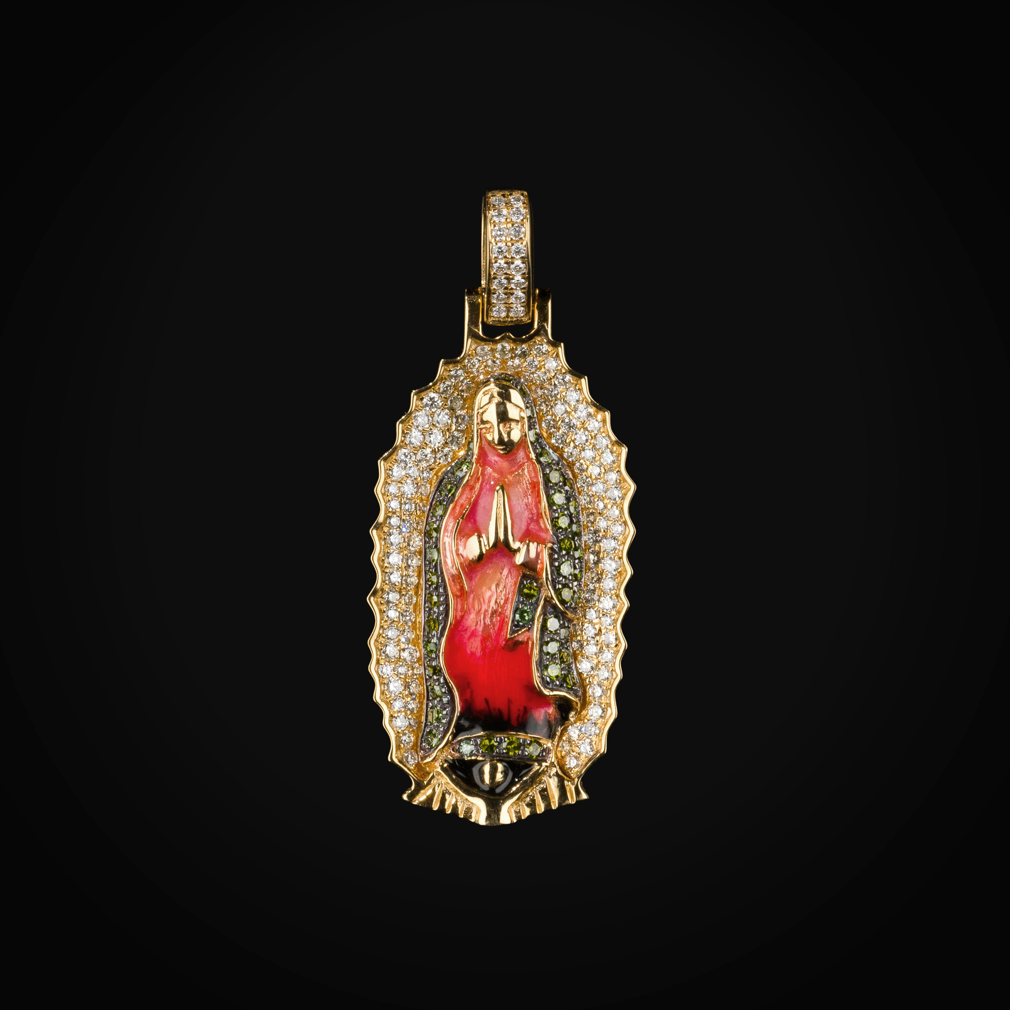 Dije 14k Virgen De Guadalupe Full Ice Bisel Liso Oro Amarillo con Diamantes + Estuche
