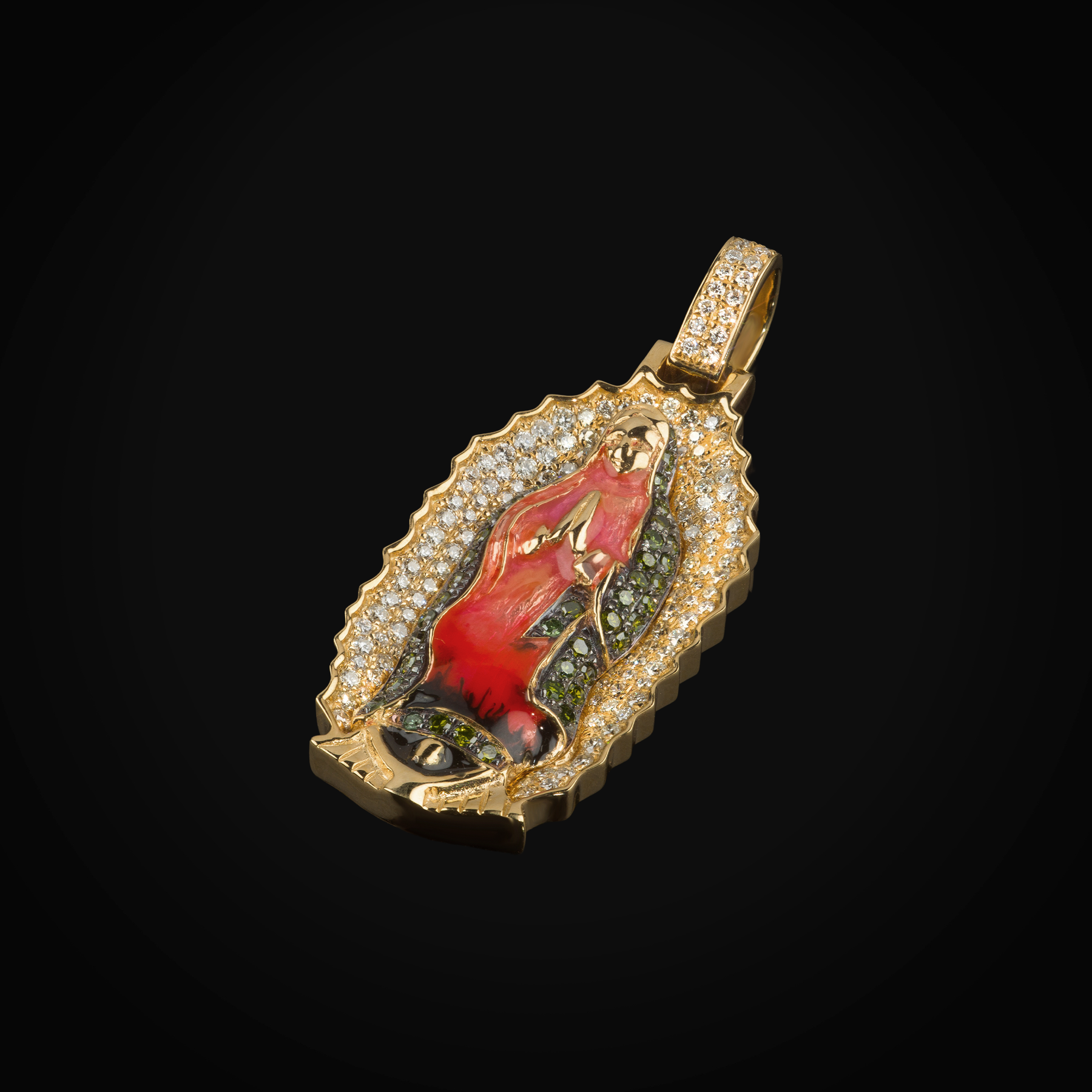 Dije 14k Virgen De Guadalupe Full Ice Bisel Liso Oro Amarillo con Diamantes + Estuche