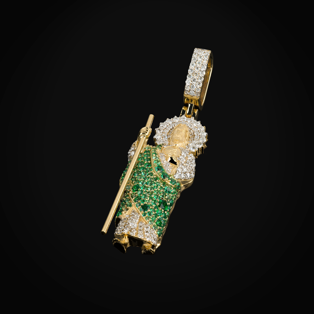 Dije 14k Oro Amarillo, San Judas Tadeo Full Ice con Gemas: Esmeralda + Estuche