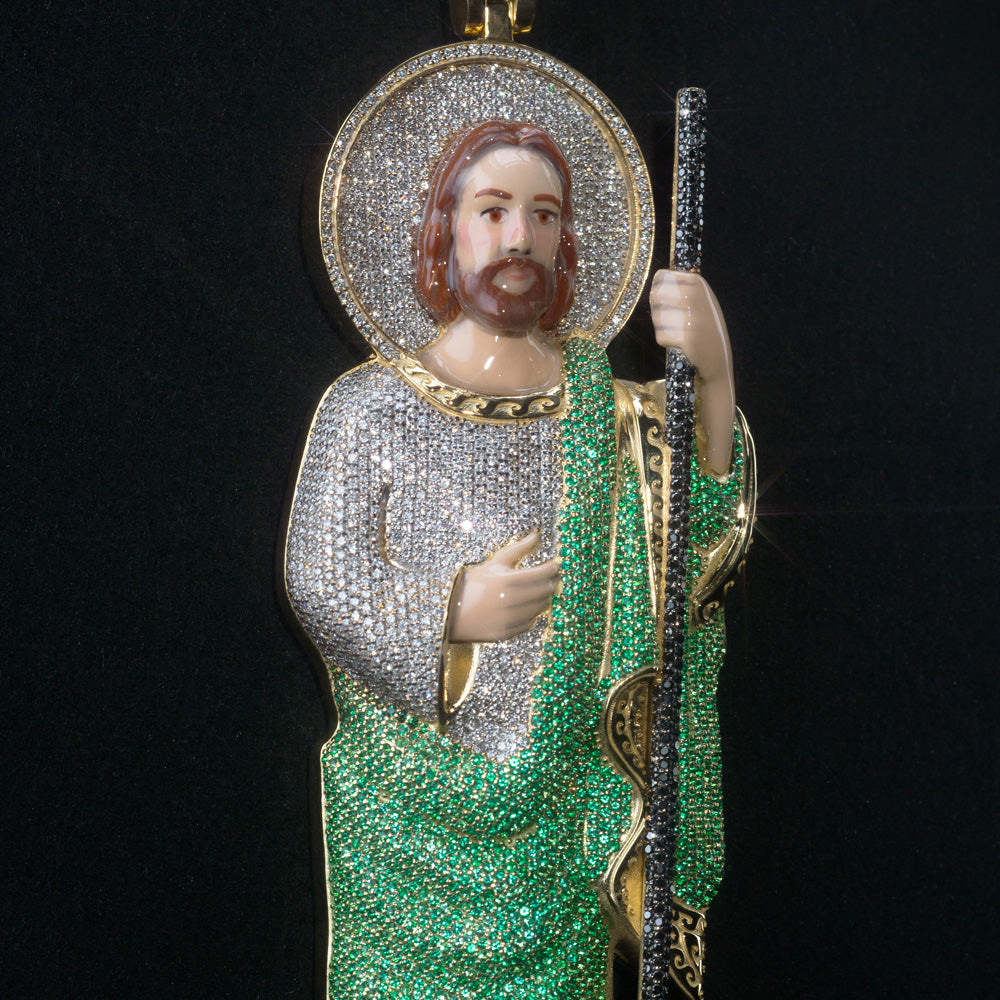 Dije San Judas 14k Oro Amarillo con Esmeraldas y Diamantes (No incluye cadena)