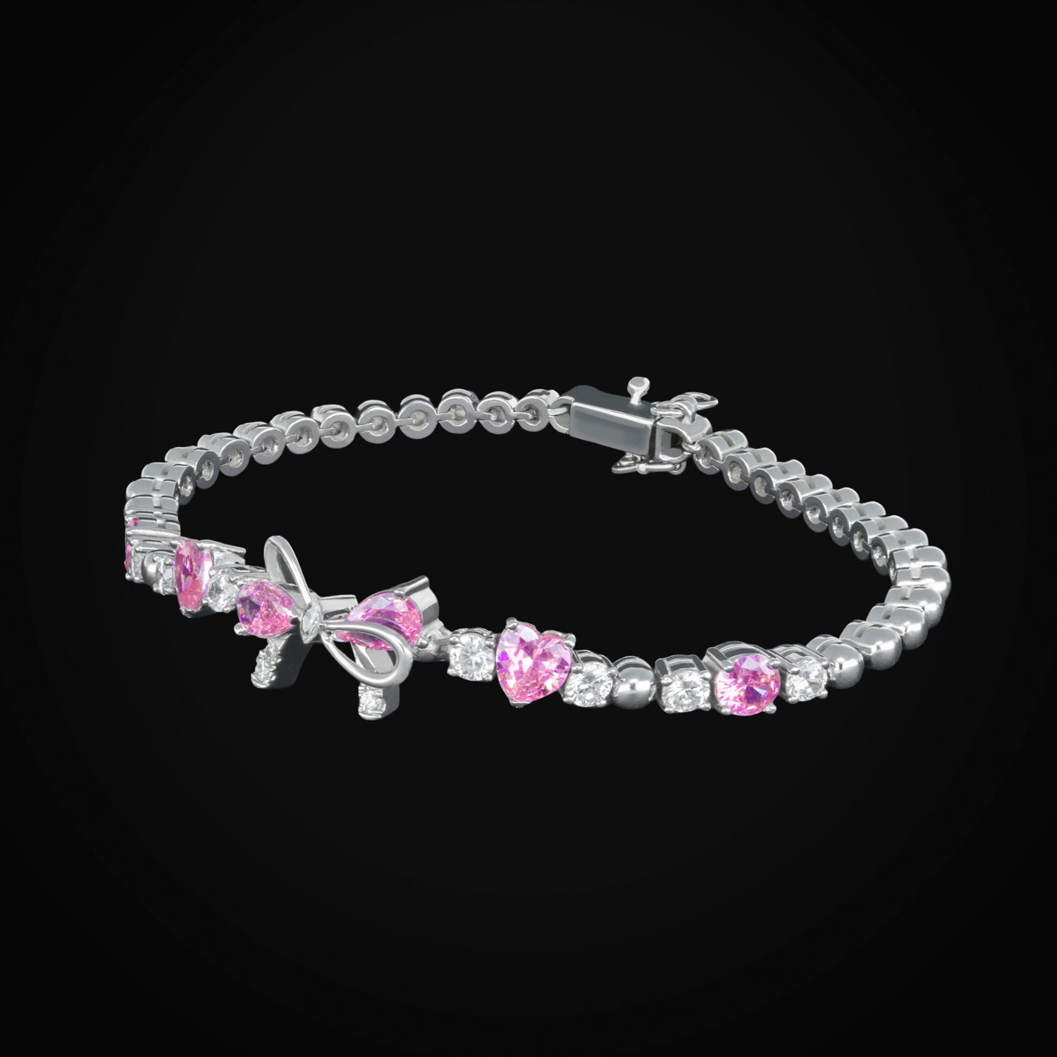 Pulso con Moño Central Zirconia Blancas y Rosas de Oro Blanco 10K + Estuche