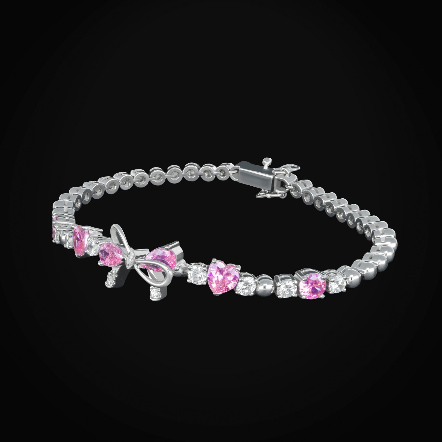 Pulso con Moño Central Zirconia Blancas y Rosas de Oro Blanco 10K + Estuche