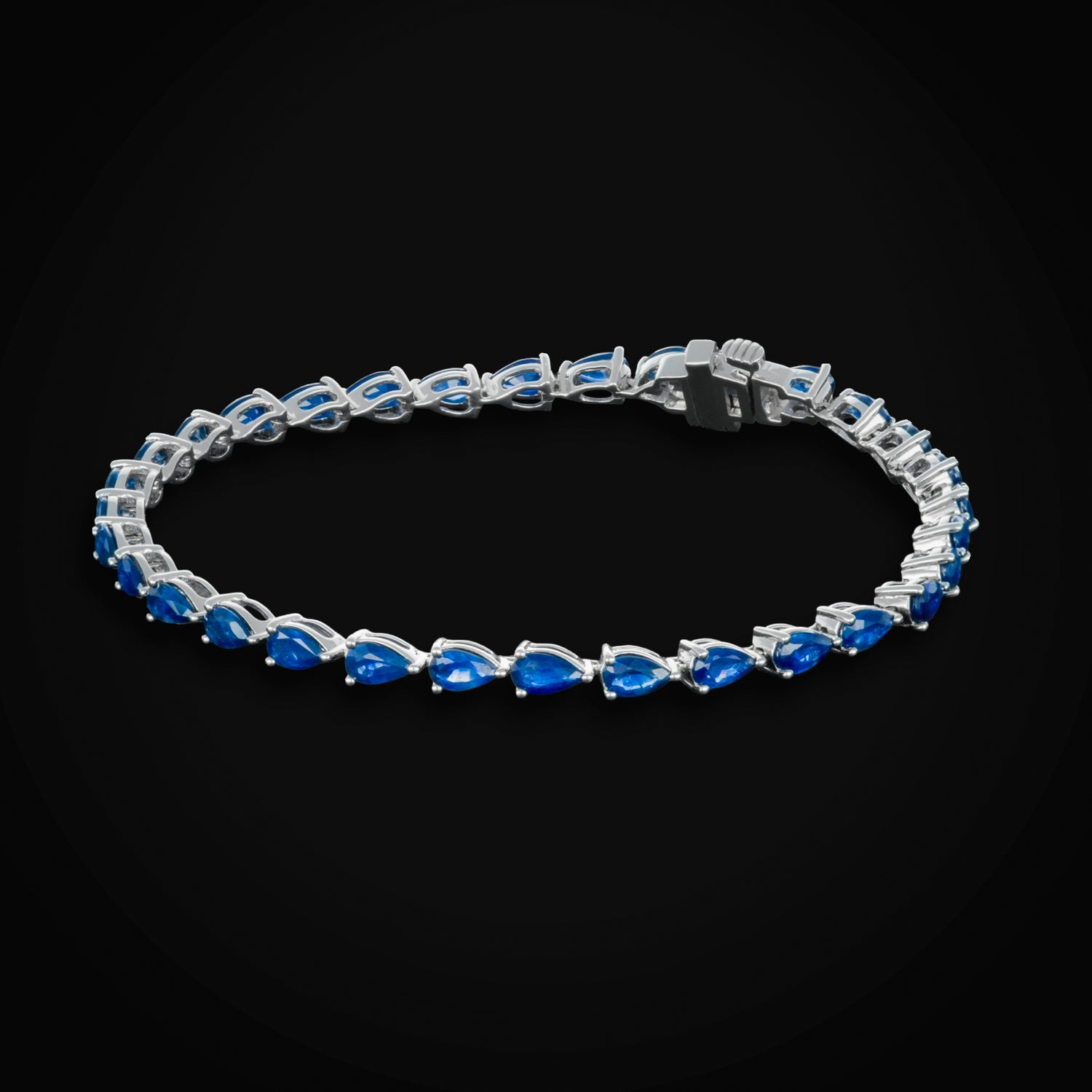 Pulso 14k Tennis Zafiro Azul Corte Pera Oro Blanco14k + Estuche